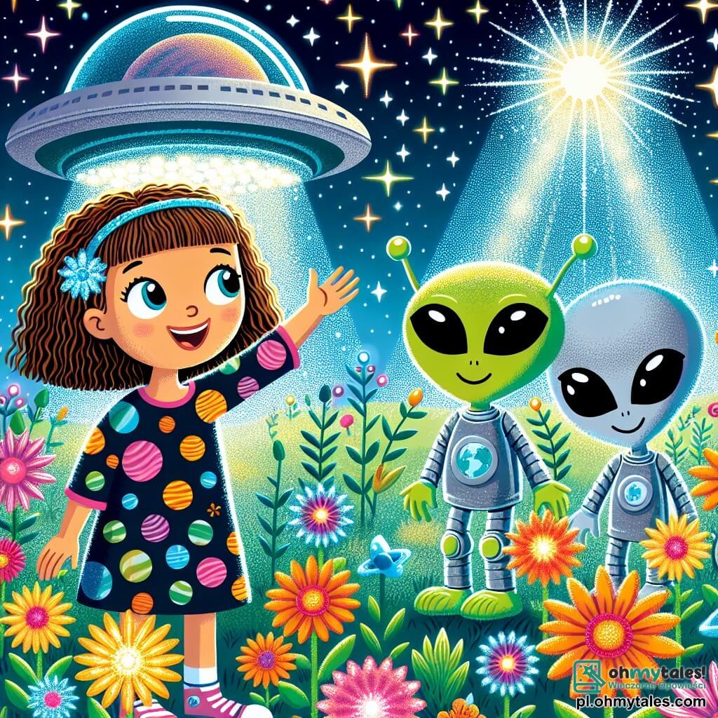 Une illustration sous forme de dessin destinée aux enfants représentant un jardin lumineux et coloré, avec des fleurs éclatantes et un ciel étoilé, où une fille de 9 ans aux cheveux bruns et bouclés, portant une robe à motifs de planètes, montre avec émerveillement un vaisseau spatial brillant et futuriste à deux extraterrestres : l'un, grand et mince avec une peau verte et des yeux ronds, et l'autre, plus petit avec une peau bleue et des antennes, tous deux souriants et curieux, alors qu'ils découvrent ensemble les merveilles de la Terre.