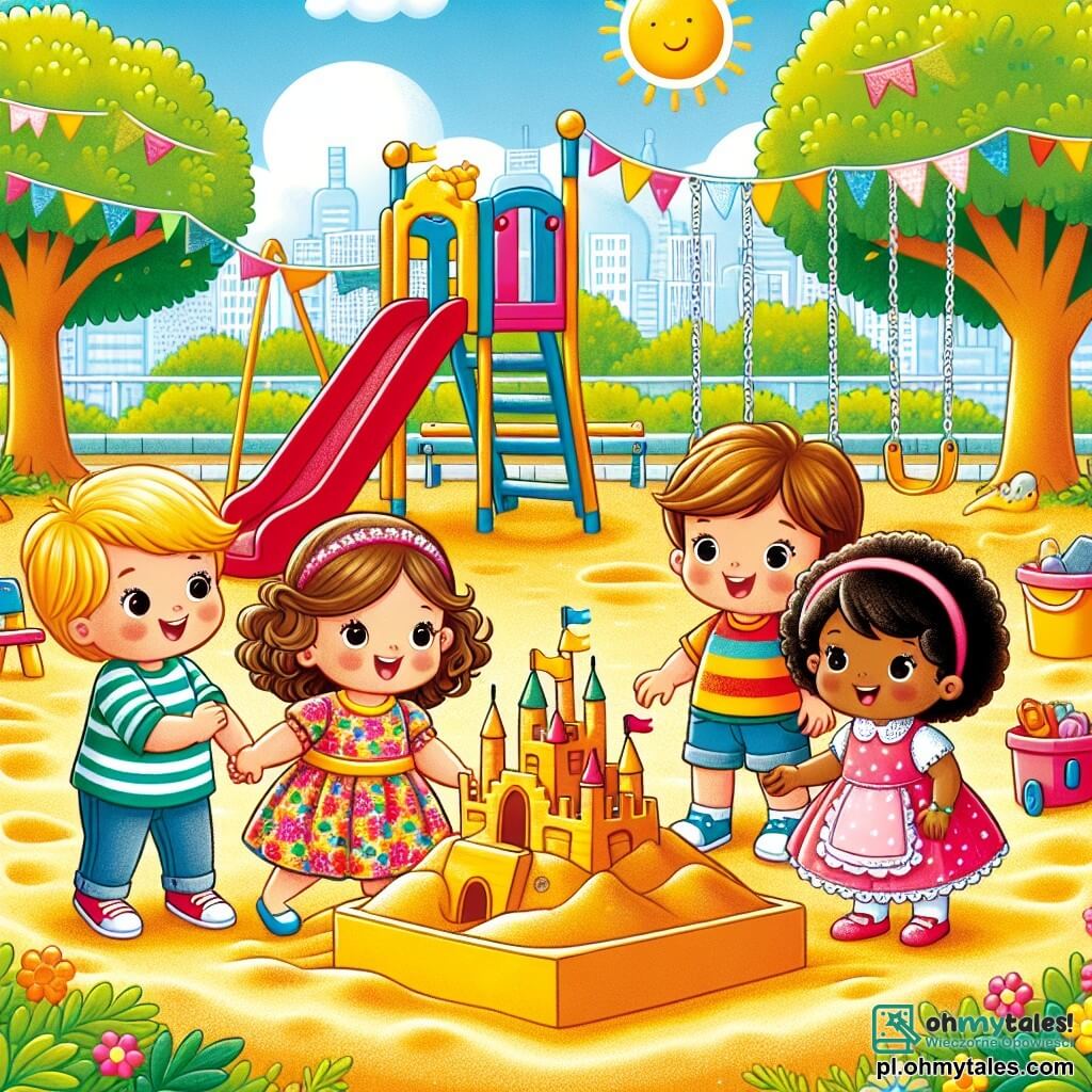 Illustration destinée aux enfants représentant un joyeux parc de jeux en plein soleil, avec des balançoires colorées, une grande toboggan rouge et une vaste aire de sable doré où des enfants jouent ensemble. Au premier plan, une petite fille de 4 ans, avec des cheveux bruns bouclés et des yeux pétillants, sourit en tenant la main d'un nouveau camarade, affichant une robe à fleurs vibrantes. À côté d'elle, un garçon de 5 ans, aux cheveux blonds et à la peau claire, regarde avec émerveillement, tandis qu'une petite fille aux cheveux noirs et à la peau brune, vêtue d'une robe rose, s'approche avec une poupée. Ensemble, ils construisent un château de sable, symbolisant l'amitié et la tolérance, avec des drapeaux colorés en papier flottant au sommet de leur création, entourés de rires et de joie.