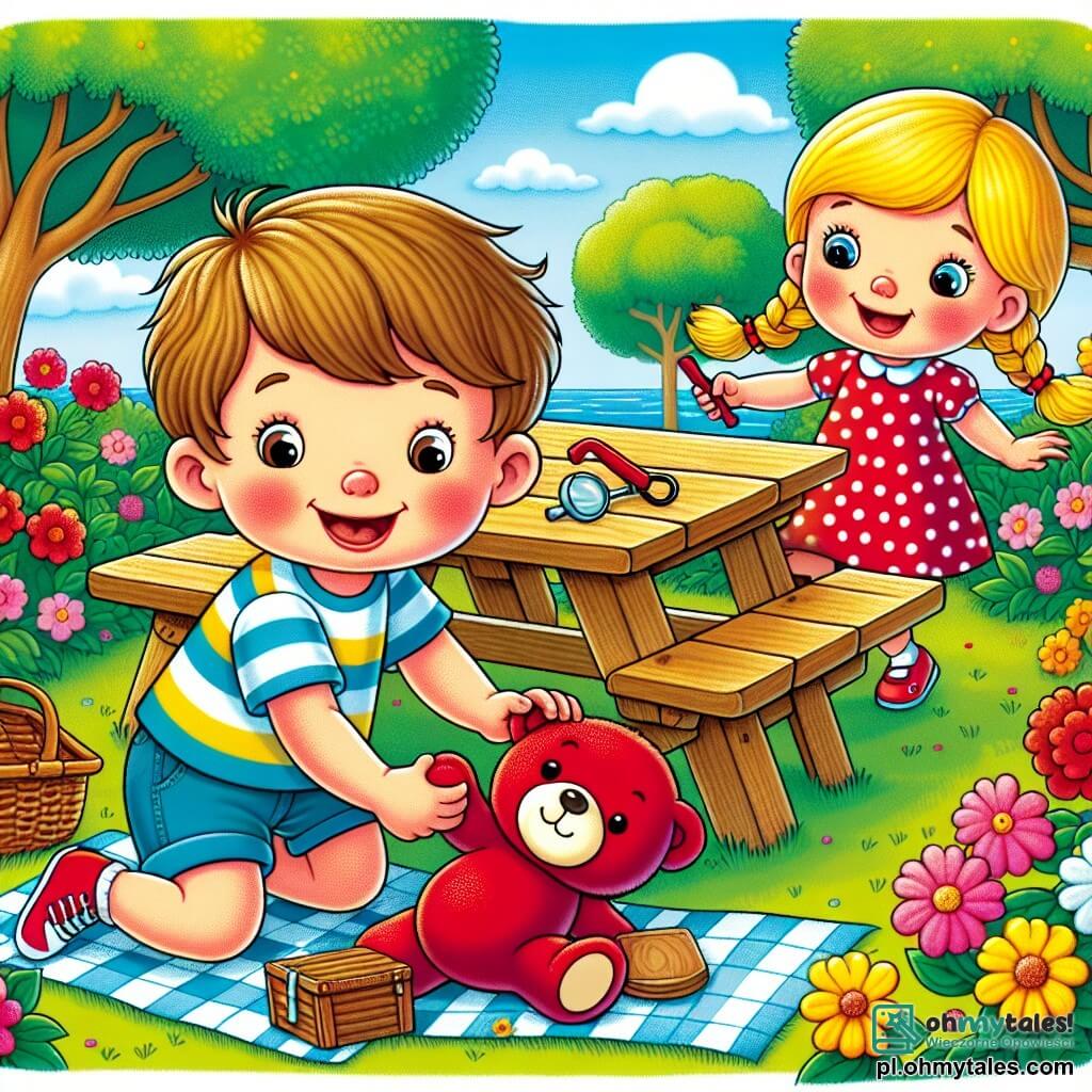 Une illustration sous forme de dessin destinée aux enfants représentant un parc coloré avec des arbres verdoyants et des fleurs éclatantes, où un petit garçon de deux ans aux cheveux bruns et aux yeux pétillants, vêtu d'un t-shirt rayé et d'un short, se penche joyeusement sous une table de pique-nique pour retrouver un ours en peluche rouge, tandis qu'une petite fille aux cheveux blonds et tressés, portant une robe à pois, regarde avec espoir et un grand sourire, illustrant ainsi la quête des deux jeunes détectives pour résoudre le mystère de la peluche disparue.