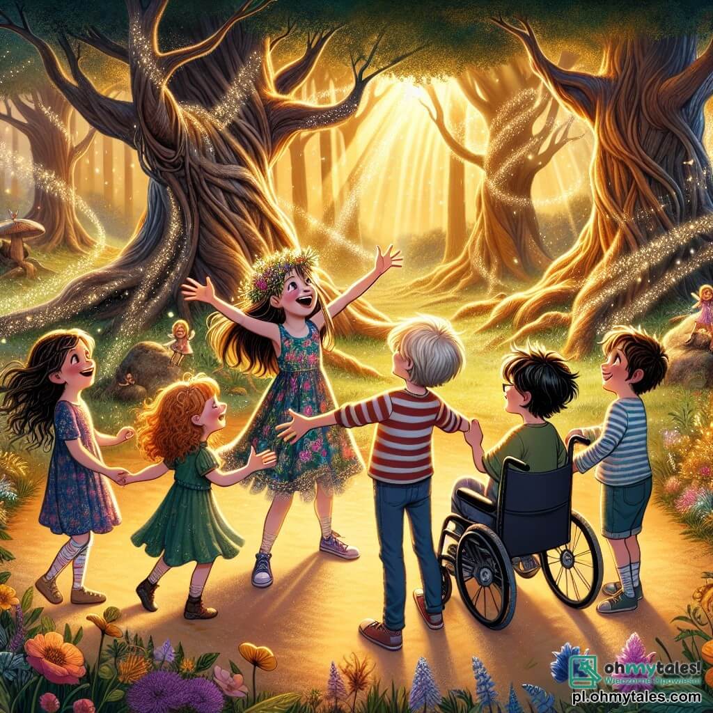 Ilustracja przedstawiająca magiczną scenę w zaczarowanej polanie, otoczonej olbrzymimi drzewami o skręconych pniach i błyszczących liściach, skąpanymi w złotym świetle zachodzącego słońca. W centrum znajduje się grupa pięciu dzieci, dwóch dziewczynek i trzech chłopców, stojących w kręgu. Pierwsza dziewczynka, mająca około 8 lat, ma długie brązowe włosy i nosi kolorową sukienkę ozdobioną kwiatami. Uśmiecha się radośnie, unosząc ręce w górę, jakby chciała przyjąć magię chwili. Drugie dziecko, chłopiec w wieku 9 lat, ma rozczochrane blond włosy i nosi w paski koszulkę. Z zachwytem obserwuje elfy tańczące wokół nich. Trzeci chłopiec, mający 10 lat, siedzi na wózku inwalidzkim, z czapką na odwrót i dużym uśmiechem na twarzy, trzymając małą mapę skarbów. Czwarta dziewczynka, mająca 9 lat, ma kręcone włosy i nosi dżinsową kamizelkę. Wskazuje palcem na grupę błyszczących elfów, które wirują wokół nich. Ostatni chłopiec, w wieku 8 lat, nosi okulary i ma zdeterminowany wyraz twarzy, trzymając drewniany kij jak miecz. Główna sytuacja pokazuje dzieci odkrywające grupę elfów radośnie tańczących wśród kolorowych kwiatów, podczas gdy w powietrzu unosi się delikatna melodia. Kolorowe motyle latają wokół nich, a magiczne światło emanuje od elfów, tworząc bajkową atmosferę. W tle niebo w pastelowych odcieniach zapowiada początek niezapomnianej przygody.