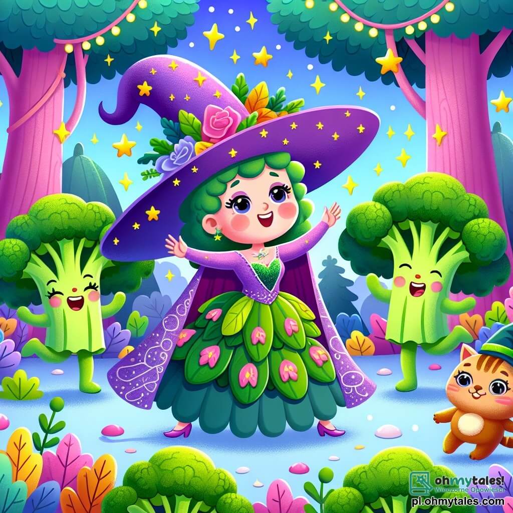 Une illustration sous forme de dessin destinée aux enfants représentant une forêt enchantée aux arbres colorés et aux fleurs dansantes, où une sorcière joyeuse avec un grand beret violet décoré d'étoiles scintillantes, portant une robe faite de feuilles, danse avec des brocolis souriants qui sautent autour d'elle, tandis qu'un gros chat cynamon, aux yeux pétillants, les observe avec curiosité, le tout dans une atmosphère magique et festive, remplie de couleurs vives et de musique joyeuse.