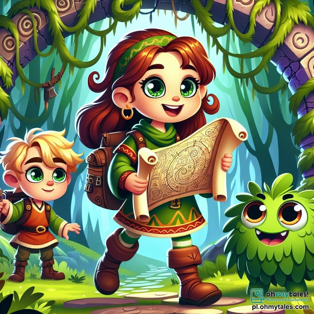 Une illustration sous forme de dessin destinée aux enfants représentant une forêt enchantée, dense et verdoyante, où une jeune fille aux cheveux châtains et aux yeux pétillants, vêtue d'une tunique colorée et tenant une carte ancienne, explore avec enthousiasme les ruines mystérieuses recouvertes de lianes, tandis qu'à ses côtés, un garçon aux cheveux blonds et un petit stvorek vert aux grands yeux curieux l'observent avec admiration, alors qu'ils se préparent à affronter un sorcier maléfique pour découvrir les secrets cachés de cet endroit magique.