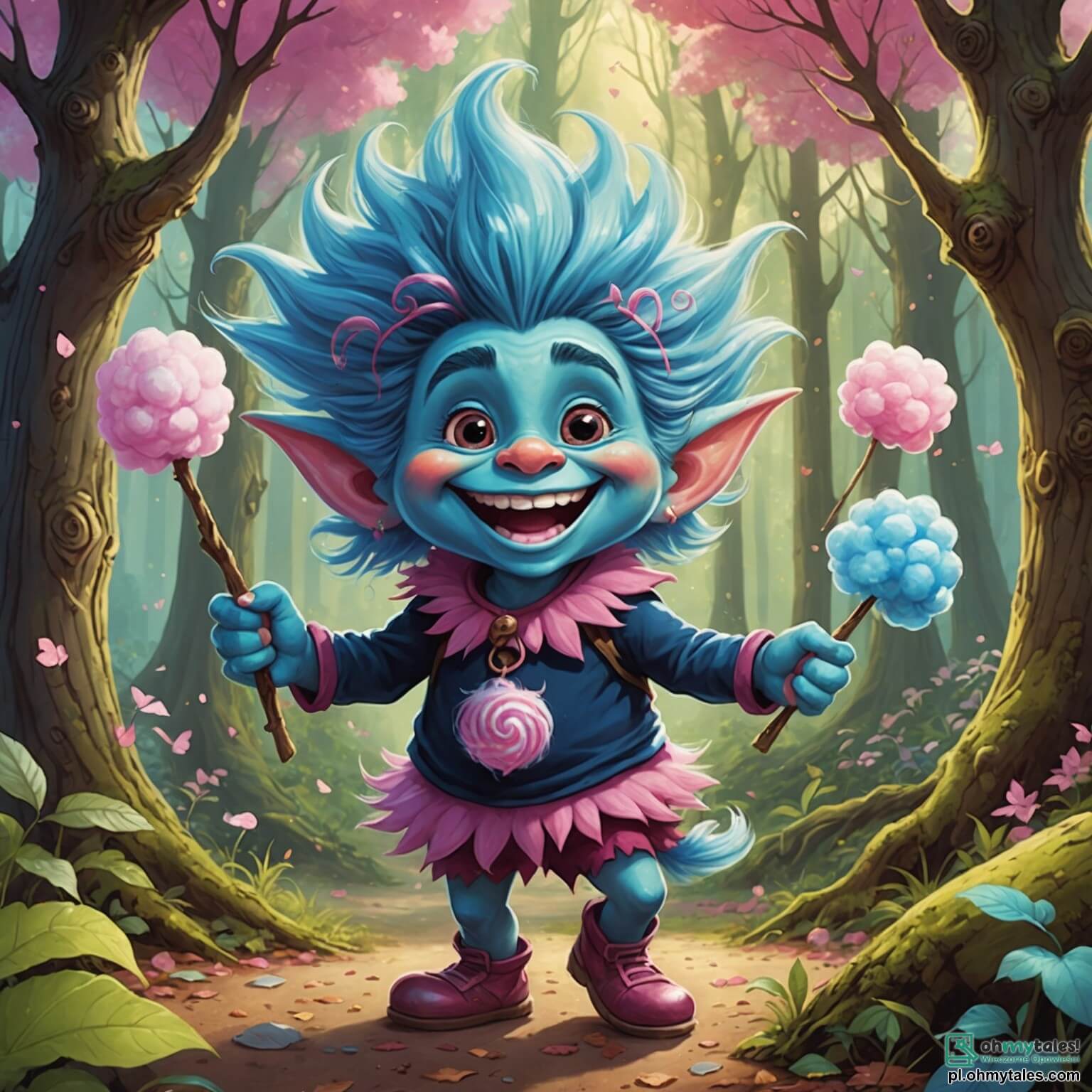 Une illustration destinée aux enfants représentant un troll espiègle aux cheveux en forme de nuages de barbe à papa, avec un grand sourire malicieux et des yeux pétillants de malice, qui se trouve au cœur d'une forêt enchantée où les arbres aux troncs torsadés et aux feuilles multicolores dansent au rythme du vent, tandis qu'un groupe de joyeux amis, dont une trolline aux cheveux scintillants comme des étoiles et un petit garçon aux grandes oreilles curieuses, s'apprête à organiser une fête pleine de rires et de délices, tout en tentant de déjouer les plans d'un autre troll, un peu grincheux, qui tente de gâcher leur joyeuse célébration.