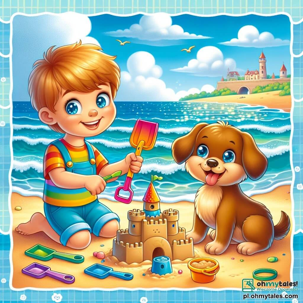 Une illustration sous forme de dessin destinée aux enfants représentant une plage ensoleillée avec des vagues scintillantes, où un garçon de 3 ans aux cheveux blonds et aux yeux pétillants construit un grand château de sable avec une pelle colorée, tandis qu'à ses côtés, un chien joyeux aux poils bruns et aux grandes oreilles s'amuse à creuser dans le sable, le tout sous un ciel bleu parsemé de quelques nuages blancs, illustrant l'excitation des vacances d'été et la joie de jouer en famille.