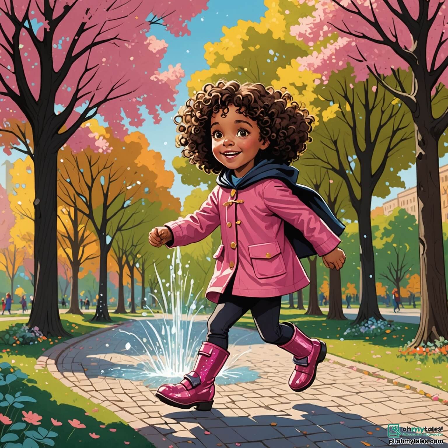 Une illustration destinée aux enfants représentant une petite fille aux cheveux bouclés et aux yeux pétillants, vêtue de ses kaloshes roses, courant avec détermination à travers un vaste parc urbain, où les arbres majestueux s'élèvent comme des géants protecteurs, tandis que des enfants aux rires cristallins jouent autour d'une vieille fontaine ornée de mosaïques colorées, et où un mystérieux homme en pelisse noire, aux yeux sombres et profonds, se tient à l'ombre d'un chêne séculaire, alors qu'elle se lance dans une quête magique pour retrouver un précieux artefact volé, aidée par ses amis, une fille aux cheveux blonds et un garçon aux lunettes, tous deux animés par l'esprit d'aventure et la promesse d'un monde où la magie et la réalité s'entrelacent.