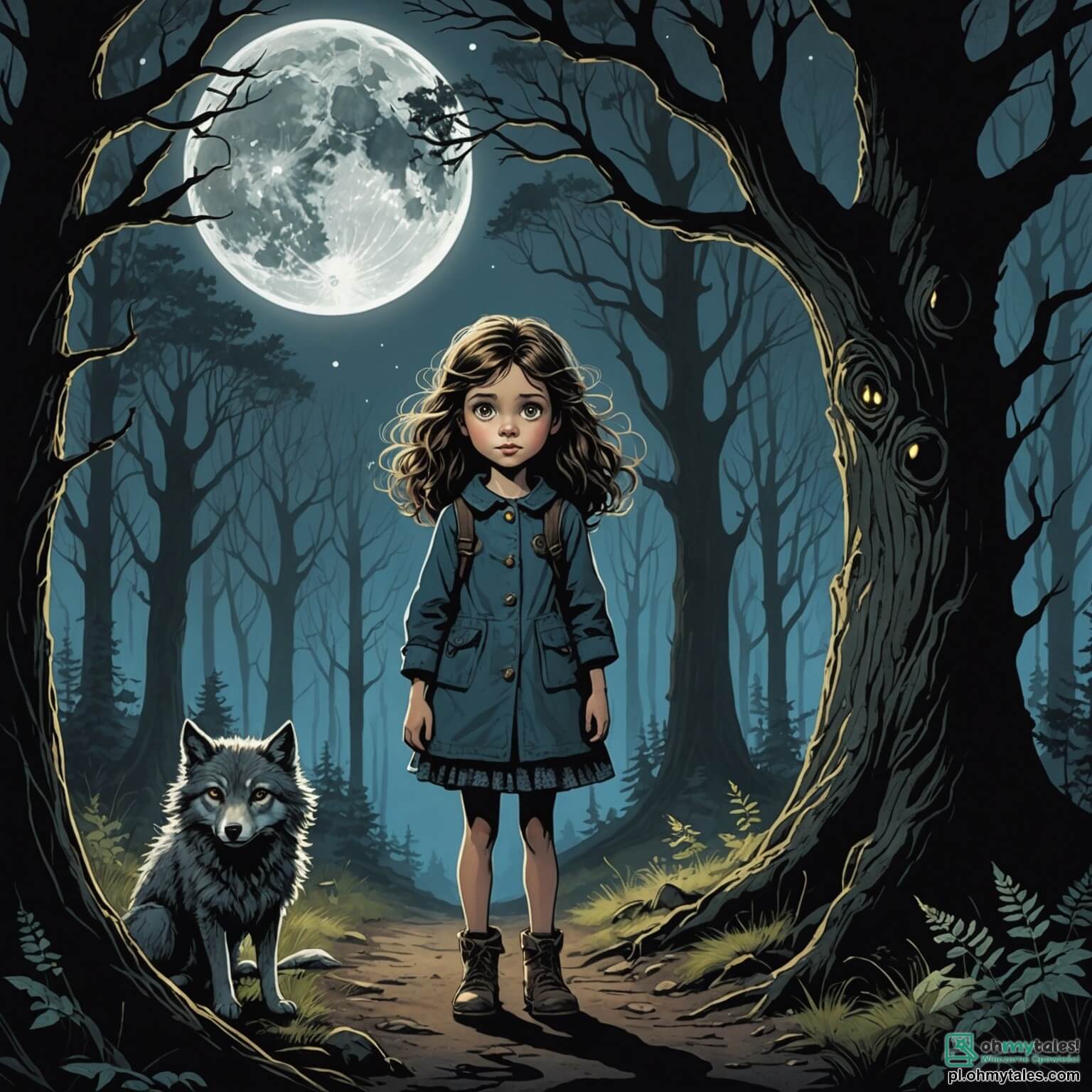 Une illustration destinée aux enfants représentant une jeune fille aux cheveux ébouriffés et aux yeux pétillants de curiosité, se tenant au bord d'une forêt sombre et mystérieuse, où les arbres tordus semblent chuchoter des secrets effrayants, tandis qu'une lune pleine éclaire faiblement le sentier sinueux, et où, dans l'ombre, se cachent des créatures étranges aux yeux brillants, comme un vieux loup gris à la fourrure éparse, et un corbeau noir au bec acéré, tous deux observant la fillette avec une intensité troublante, alors qu'elle s'apprête à s'aventurer dans ce monde inquiétant à la recherche d'un trésor perdu, défiant ainsi les légendes qui racontent les dangers qui rôdent dans cette forêt hantée.