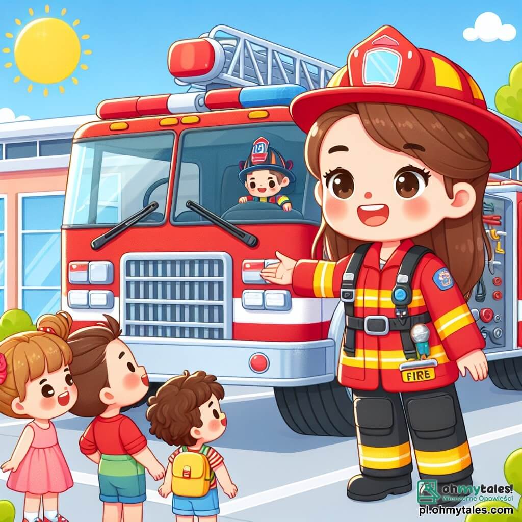 Une illustration sous forme de dessin destinée aux enfants représentant une scène ensoleillée devant une caserne de pompiers colorée, où une jeune femme aux cheveux bruns attachés en chignon, portant un uniforme rouge et un casque de pompier, sourit en montrant un grand camion de pompiers brillant, tandis que des enfants, dont une petite fille aux couettes et un garçon aux cheveux bouclés, émerveillés, montent à bord du véhicule, découvrant le matériel de secours et écoutant attentivement les explications de la femme sur le métier de pompier.