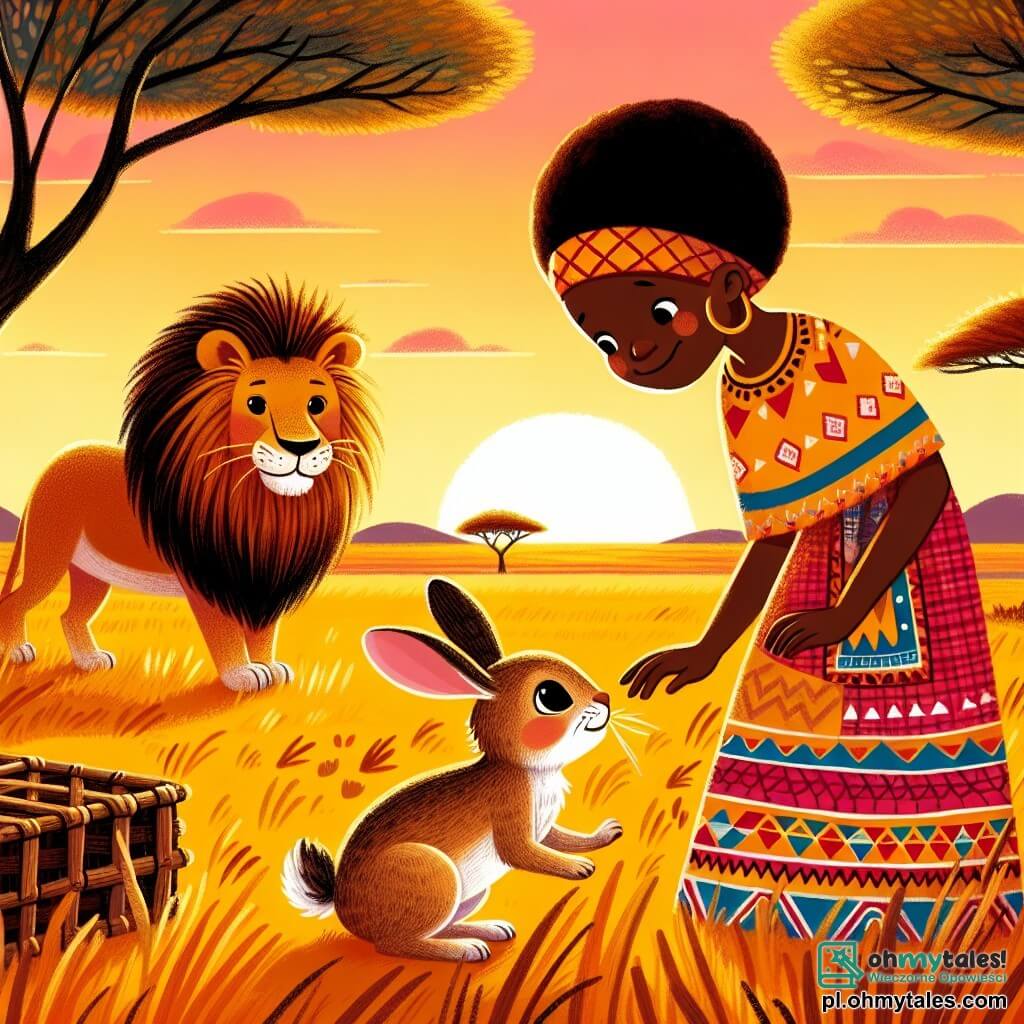 Une illustration sous forme de dessin destinée aux enfants représentant une vaste savane africaine baignée par la lumière dorée du soleil couchant, où une femme au visage bienveillant, vêtue d'une robe colorée ornée de motifs traditionnels, se penche avec un sourire rassurant vers un petit lapin aux grandes oreilles, tremblant de peur, tandis qu'en arrière-plan, un lion majestueux, avec une crinière flamboyante, s'approche curieusement de la scène, capturant l'instant où la femme utilise son intelligence pour protéger le lapin en lui montrant une astucieuse piège en bois, entourée de quelques arbres et d'une herbe dorée qui danse au vent.