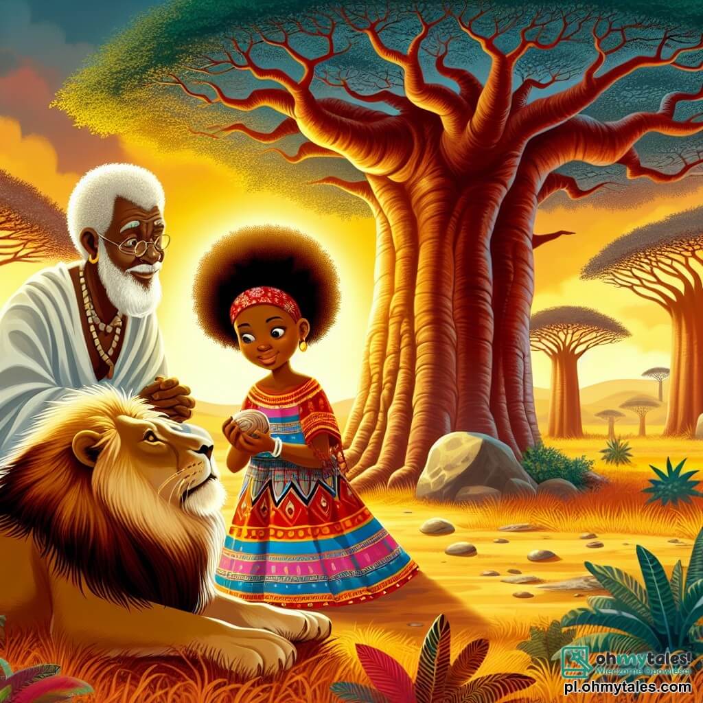 Une illustration sous forme de dessin destinée aux enfants représentant une vaste savane africaine baignée par la lumière dorée du soleil couchant, où une jeune femme aux cheveux crépus et vêtue d'une robe colorée en tissu traditionnel, s'agenouille près d'un magnifique et majestueux arbre baobab, tenant une petite muschel dans ses mains, tandis qu'un sage vieil homme à la barbe blanche et un lion majestueux, symbole de la sagesse de la nature, l'observent avec bienveillance, illustrant ainsi le moment où elle apprend l'importance de l'harmonie avec la nature pour sauver sa village.