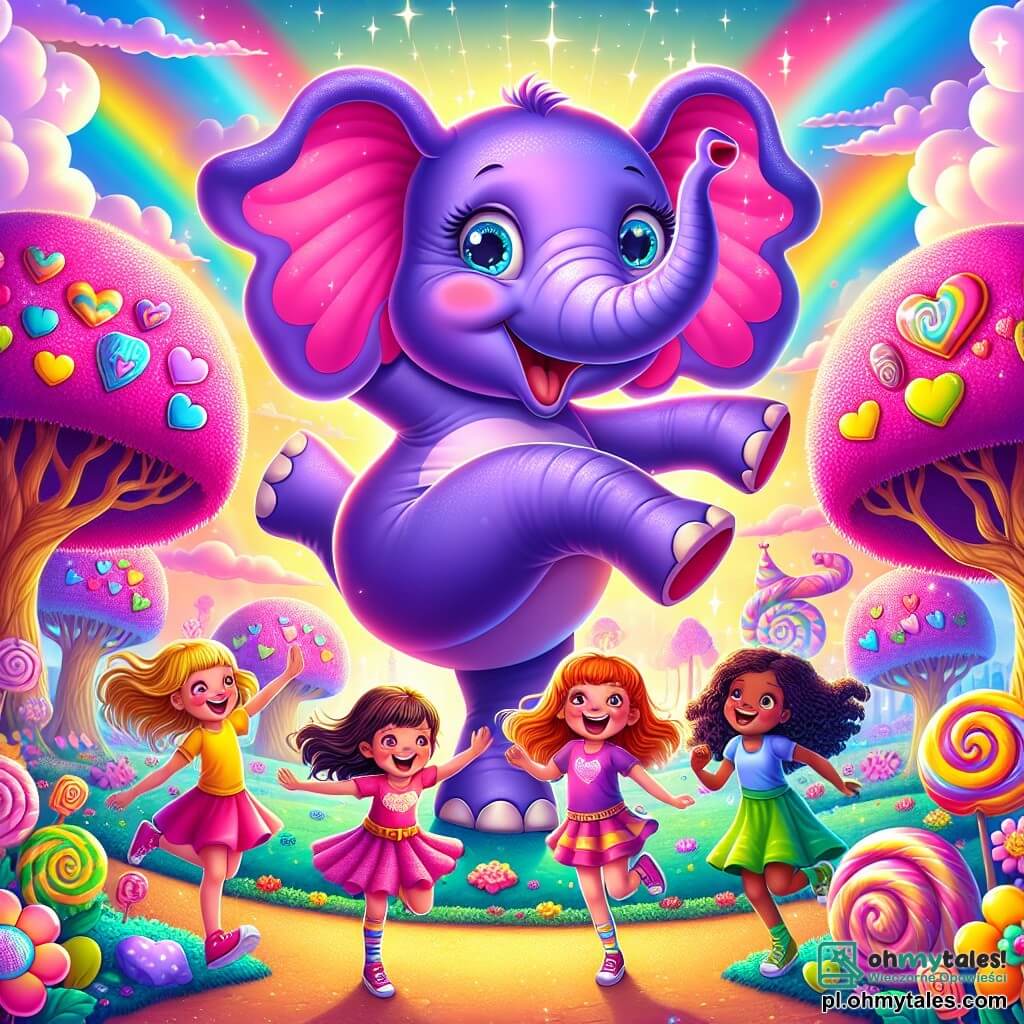 Ilustracja przedstawiająca magiczny park wypełniony żywymi kolorami, z drzewami o liściach w kształcie serc i gigantycznymi kwiatami o kolorowych płatkach. W centrum ogromny fioletowy słoń z różowymi uszami tańczy na jednej nodze, jego twarz uśmiechnięta, a oczy błyszczące figlarnie. Obok niego cztery dziewczynki w wieku 11 lat, każda z kolorowymi włosami: jedna ma blond włosy i żółtą sukienkę, inna brązowe włosy i niebieską koszulkę, trzecia ma rude włosy i zieloną spódnicę, a ostatnia czarne włosy w różowej sukience. Śmieją się i tańczą wokół słonia, oczarowane jego magią. W tle niebo w odcieniach różu i pomarańczy, z chmurami w kształcie cukierków i błyszczącą tęczą, dodaje radosnej i absurdalnej atmosfery scenie.