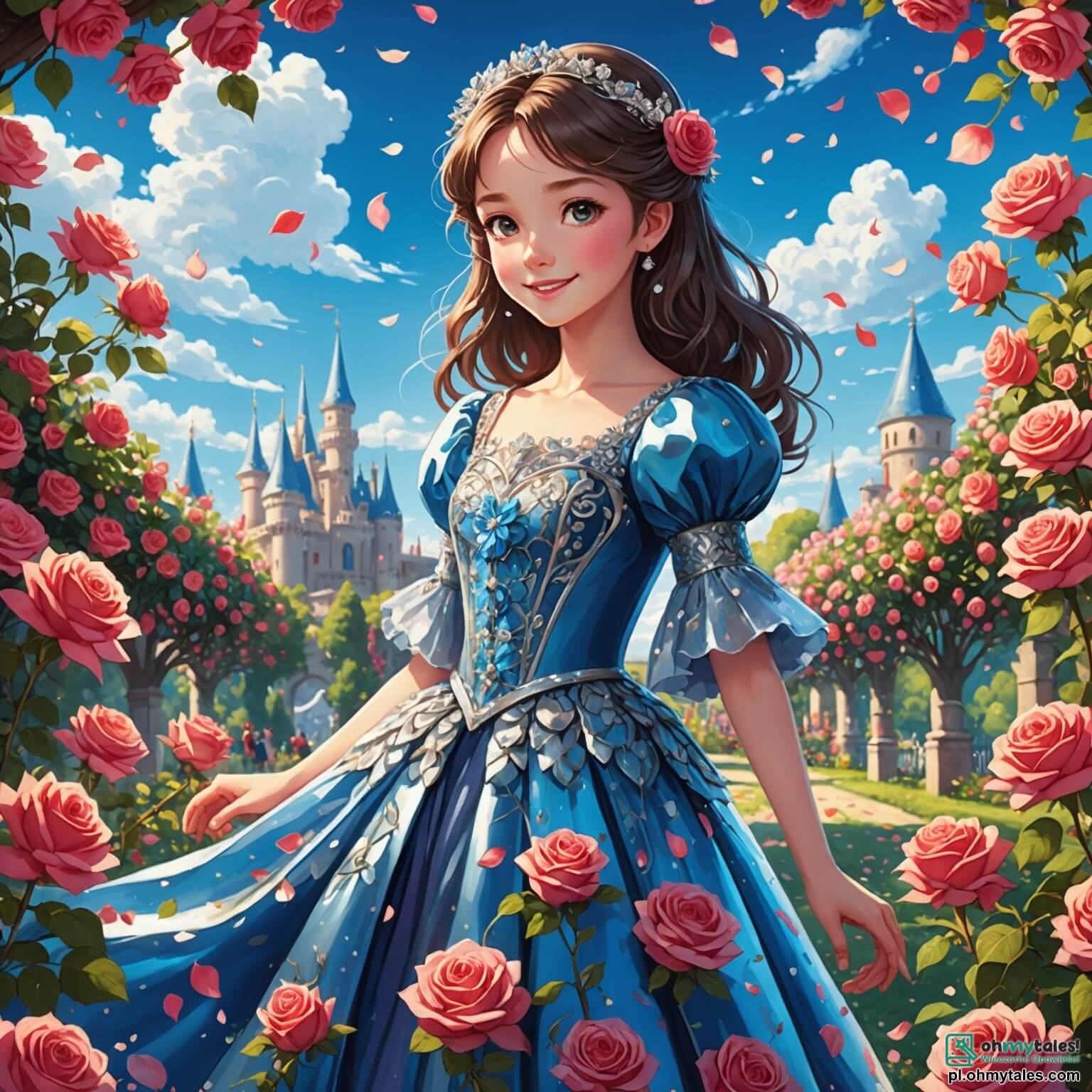 Une illustration destinée aux enfants représentant une jeune fille au sourire éclatant et aux yeux pétillants, vêtue d'une robe étincelante faite de pétales de fleurs et de fil d'argent, se tenant au milieu d'un jardin enchanté où des roses flamboyantes s'épanouissent sous un ciel azur parsemé de nuages cotonneux, tandis qu'elle rêve de danser au bal royal, entourée de sa méchante belle-mère, une femme au regard froid et aux manières sévères, ainsi que de ses deux demi-sœurs, des jeunes filles aux cheveux dorés et aux rires moqueurs, qui la traitent comme une servante dans ce royaume féerique où la magie et les rêves se mêlent à la réalité.