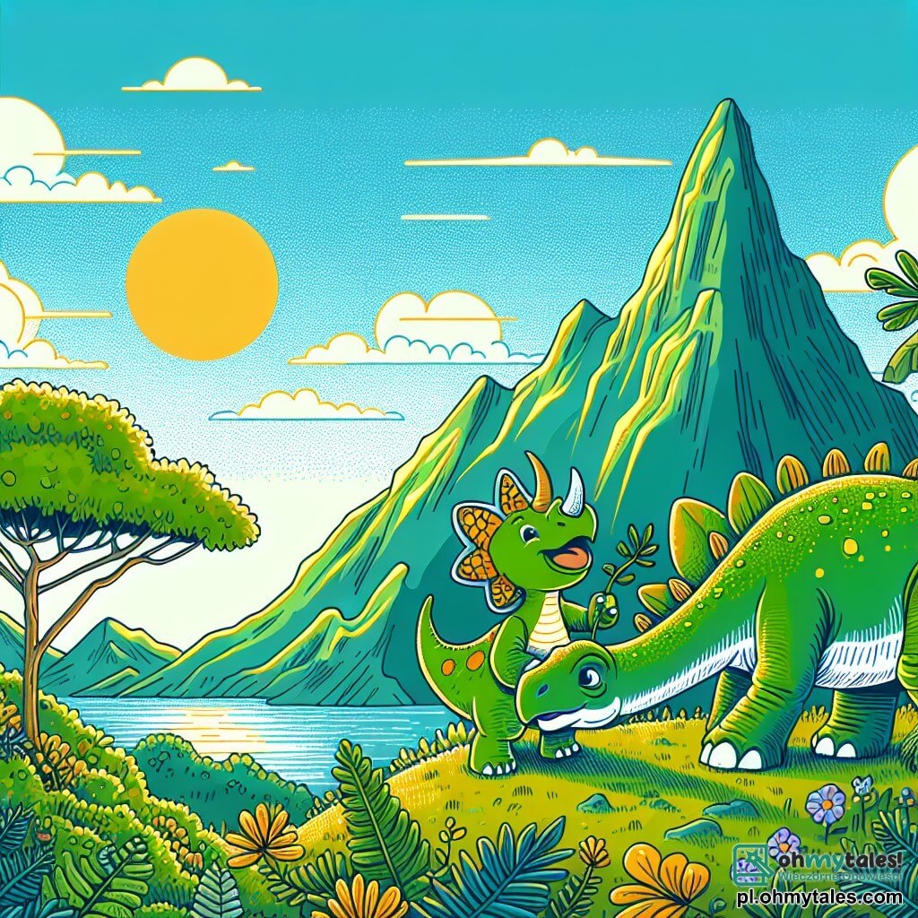 Une illustration sous forme de dessin destinée aux enfants représentant une majestueuse montagne verdoyante sous un ciel bleu éclatant, où un grand diplodocus aux écailles vertes et à la longue cou se penche pour cueillir des feuilles délicieuses, tandis qu'un petit triceratops aux trois cornes colorées, curieux et joyeux, saute autour de lui en riant, le tout baigné par la lumière dorée du soleil, symbolisant leur belle amitié et leurs aventures partagées.