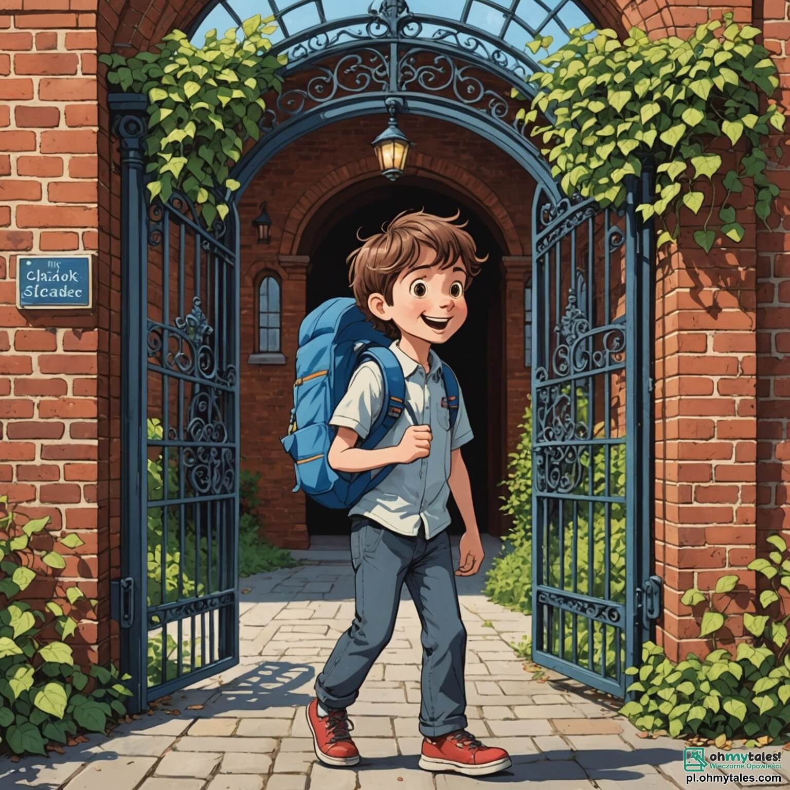 Une illustration destinée aux enfants représentant un petit garçon aux cheveux châtains ébouriffés, les yeux pétillants d'excitation et d'appréhension, debout devant l'immense portail en fer forgé de son nouvel établissement scolaire, un bâtiment ancien aux murs de briques rouges ornés de lierre grimpant, où des rires d'enfants résonnent dans la cour ensoleillée, tandis qu'il serre son cartable à dos bleu rempli de fournitures colorées, se préparant à faire face à sa première journée de classe, entouré de ses camarades de jeu, dont une petite fille aux couettes blondes qui lui sourit chaleureusement, et un garçon aux lunettes rondes qui feuillette un livre illustré, tous impatients de découvrir les aventures qui les attendent dans cette école pleine de promesses.