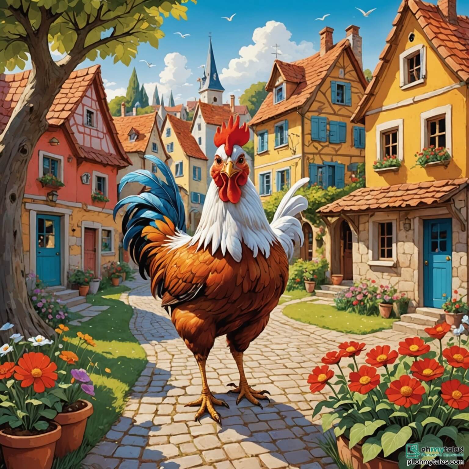 Une illustration destinée aux enfants représentant une poule au plumage éclatant comme la neige, aux yeux pétillants de curiosité, se tenant fièrement au milieu d'un charmant petit village aux maisons colorées aux toits en tuiles rouges, où les fleurs multicolores bordent les chemins de terre battue et où un joyeux lapin à grandes oreilles, son meilleur ami, l'encourage à réaliser son rêve de voler, tandis qu'un vieux chêne majestueux, témoin silencieux de leurs aventures, se dresse au centre de la scène, ses branches étendues comme des bras accueillants, offrant un abri aux oiseaux chantants qui dansent dans le ciel azur.
