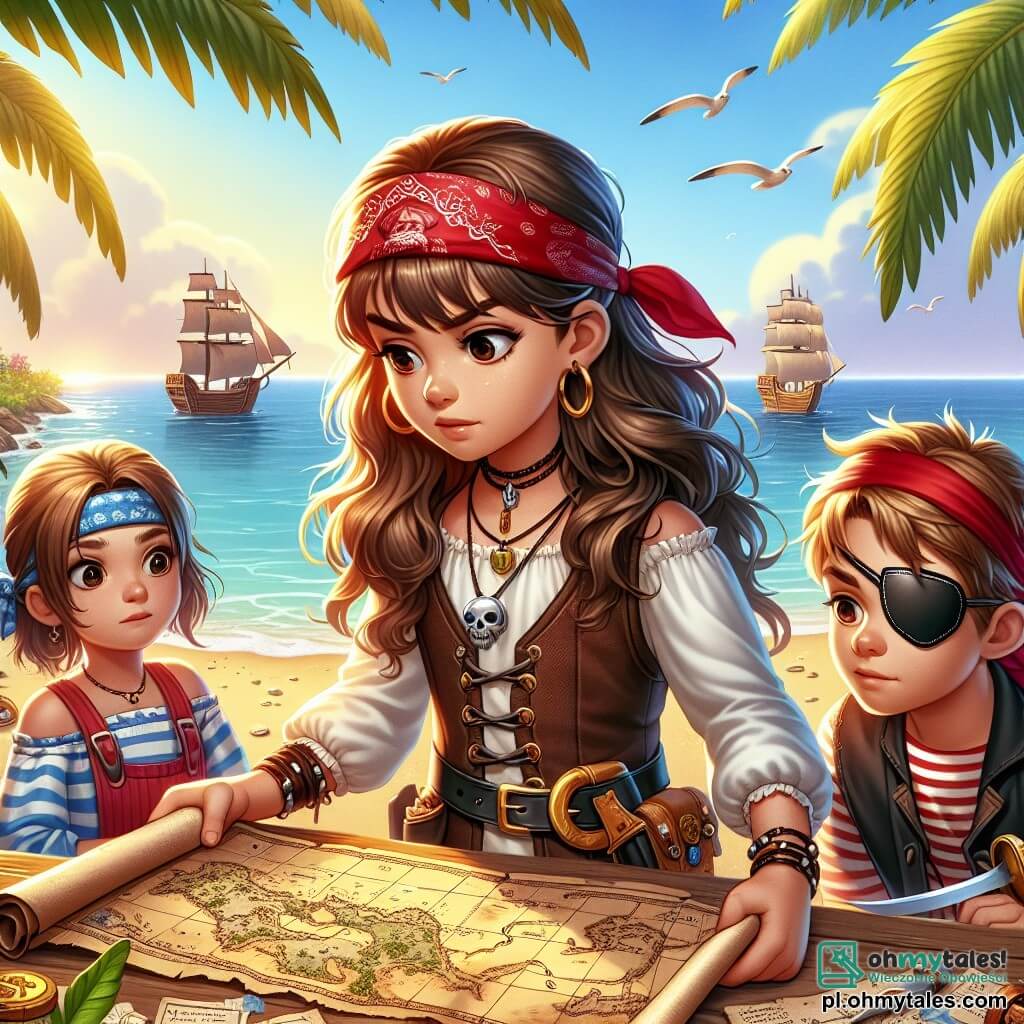 Une illustration sous forme de dessin destinée aux enfants représentant une plage ensoleillée avec des palmiers et un ciel bleu, où une jeune femme aux cheveux longs et ondulés, portant un bandana rouge et une chemise de pirate, examine une vieille carte au trésor avec un regard déterminé, tandis qu'à ses côtés, un garçon musclé avec une opaskę sur l'œil et une grande épée à la ceinture, et une fille aux cheveux courts et un tablier, regardent avec curiosité les indices menant à un trésor caché, alors qu'une mer calme s'étend à l'horizon, promettant des aventures palpitantes.
