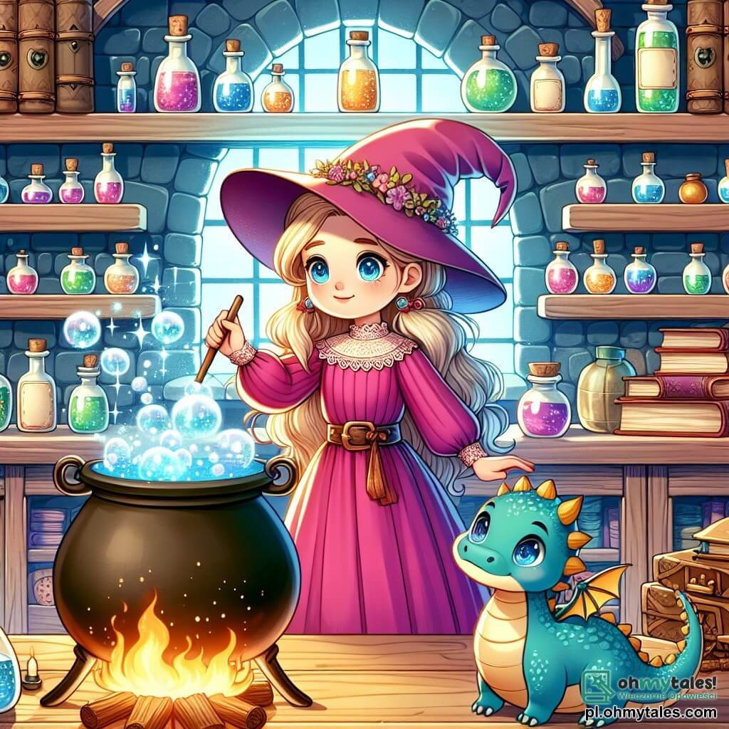 Une illustration sous forme de dessin destinée aux enfants représentant un charmant magasin de magie, rempli de bouteilles colorées et de livres anciens, où une jeune apprentie sorcière aux longs cheveux dorés et à la robe fuchsia, avec un sourire émerveillé, se tient devant une table en bois, en train de mélanger des ingrédients dans un chaudron scintillant, tandis qu'un petit dragon bleu aux yeux pétillants, flottant à ses côtés, regarde avec curiosité les bulles qui s'échappent du chaudron, le tout baigné dans une lumière douce et enchantée qui évoque la magie et l'aventure.