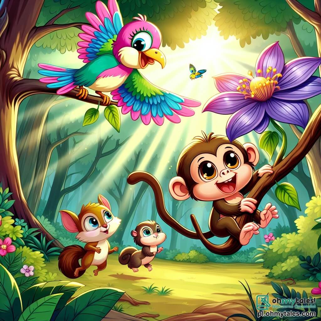 Une illustration sous forme de dessin destinée aux enfants représentant une clairière ensoleillée au cœur d'une forêt luxuriante, où une petite singe aux yeux pétillants et à la fourrure brune grimpe joyeusement sur une branche, entourée de ses amis : un oiseau coloré aux plumes vives qui vole autour d'elle et un écureuil curieux aux grandes oreilles qui l'observe, alors qu'ils découvrent ensemble un magnifique et mystérieux fleur aux pétales violets brillants, symbole de l'aventure qui les attend.
