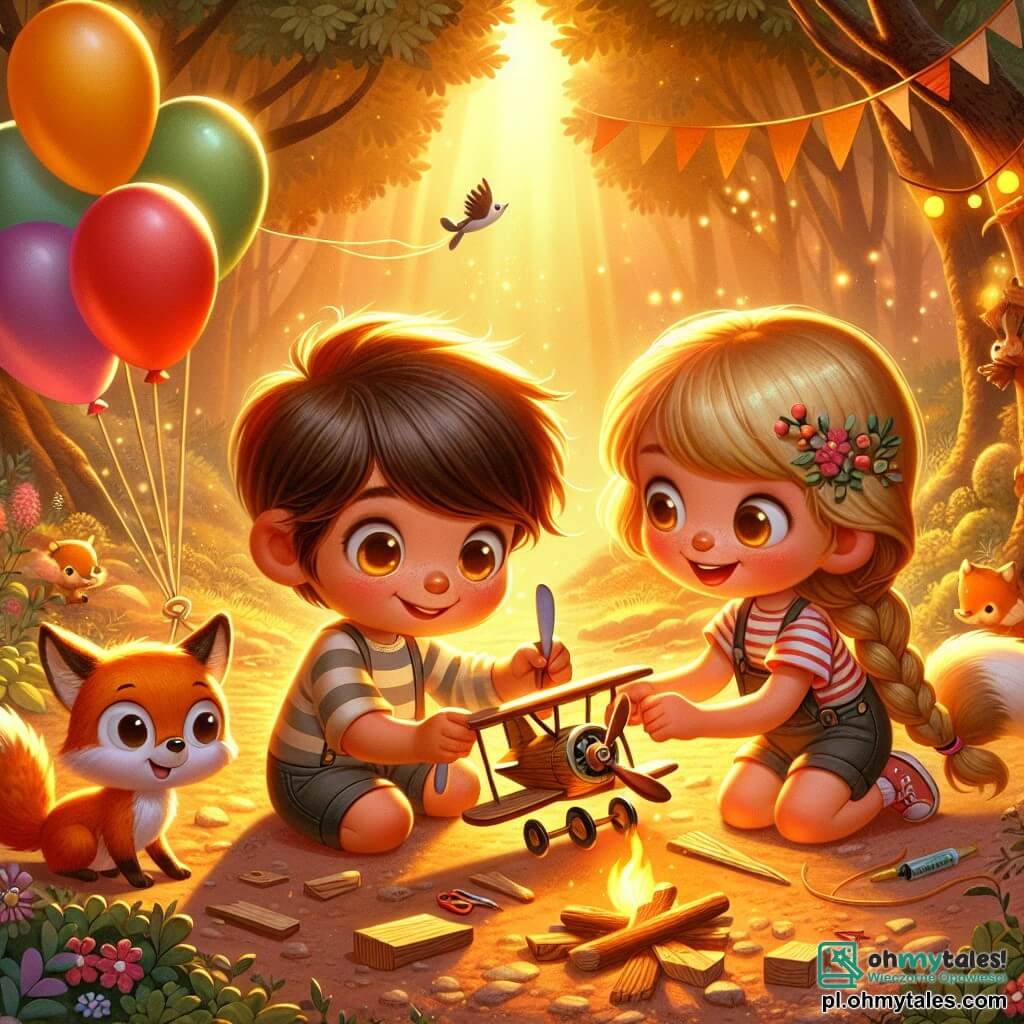 Une illustration sous forme de dessin destinée aux enfants représentant une clairière enchantée, baignée de lumière dorée, où un garçon de 5 ans aux cheveux châtains et aux yeux pétillants, vêtu d'une chemise à rayures et d'un short, est en train de construire un petit véhicule volant avec des ballons colorés, tandis qu'une fille de son âge, aux cheveux blonds et tressés, l'aide avec enthousiasme en tenant des morceaux de bois, et un petit renard aux yeux malicieux les observe avec curiosité, le tout dans une ambiance joyeuse et magique, symbolisant l'esprit d'aventure et d'amitié.
