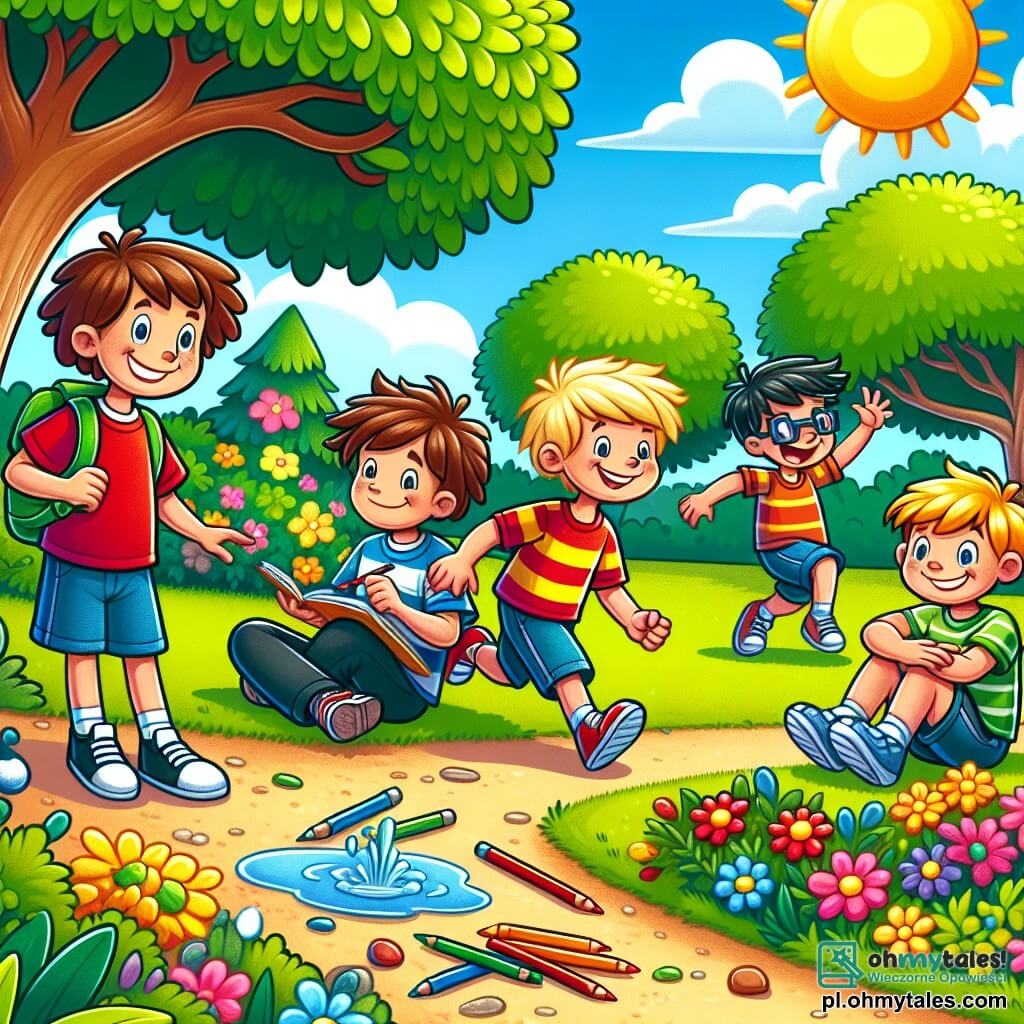 Ilustracja przedstawiająca słoneczny park, wypełniony bujną zielenią i kolorowymi kwiatami. W centrum rośnie duże drzewo o jaskrawo zielonych liściach, które oferuje cień, podczas gdy żwirowa ścieżka wije się przez park. W tej scenie czterech chłopców w wieku około 8-10 lat jest razem. Pierwszy chłopiec, z rozczochranymi brązowymi włosami i czerwoną koszulką, głośno się śmieje, trzymając dużą błyszczącą piłkę. Drugi chłopiec, blondyn w okularach, siedzi na ziemi, rysując w zeszycie kolorowymi kredkami. Trzeci chłopiec, z czarnymi włosami i niebieskimi szortami, biega wokół nich z uniesionymi rękami, jakby był w trakcie wyścigu. Wreszcie czwarty chłopiec, z kasztanowymi włosami i koszulką w paski, wpadł do małej kałuży, chlapiąc wodą wokół siebie i śmiejąc się. Główna sytuacja pokazuje chłopców bawiących się razem, śmiejących się i cieszących, tworząc radosną i przyjazną atmosferę. Kolorowe dymki dialogowe unoszą się wokół nich, ilustrując ich żarty i śmiech. W tle niebo jest niebieskie z kilkoma białymi chmurami, a w oddali bawią się inne dzieci, co dodaje do żywej atmosfery parku.