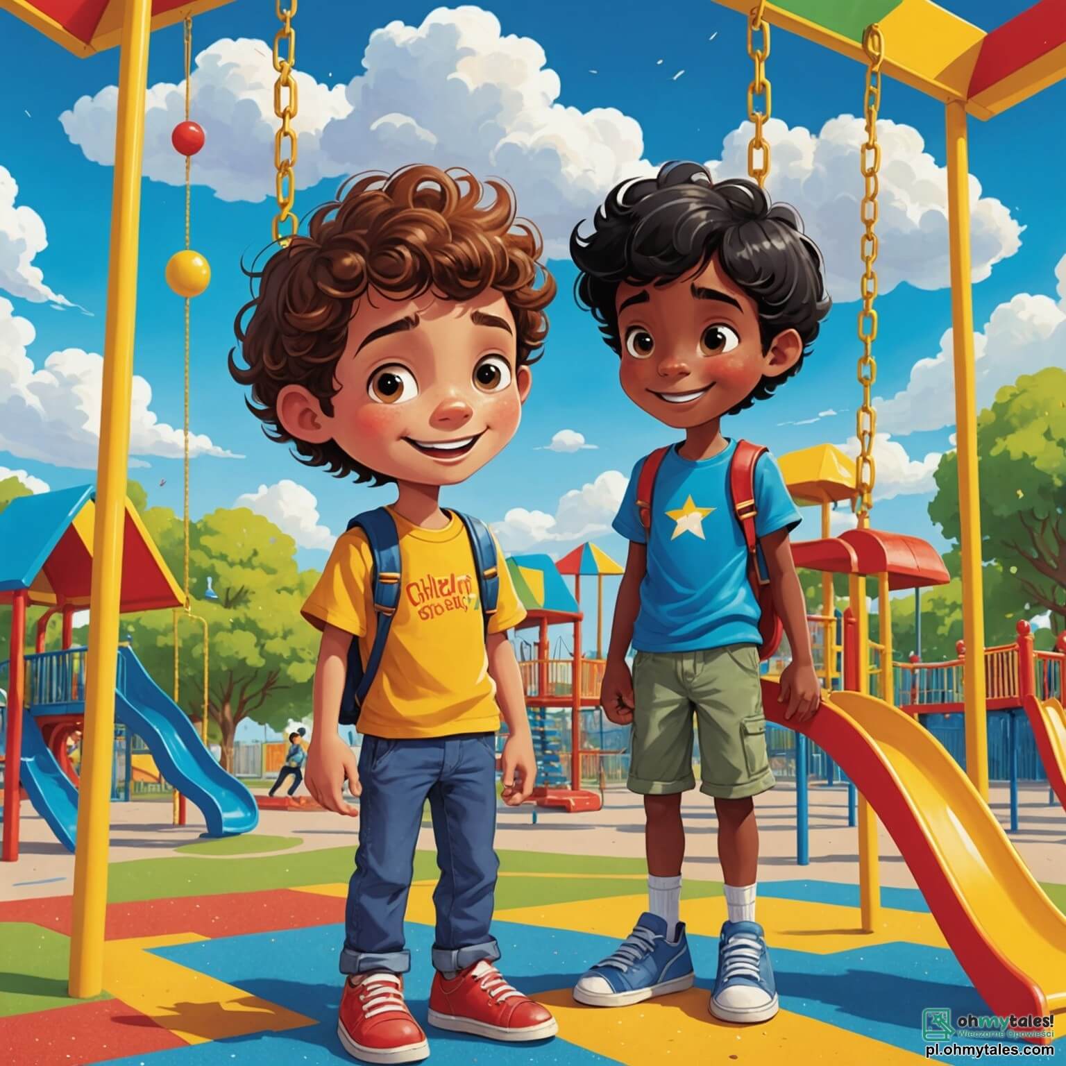 Une illustration destinée aux enfants représentant un garçon curieux aux cheveux châtains et aux yeux pétillants, se tenant sur un terrain de jeu coloré, entouré de balançoires flamboyantes et de toboggans multicolores, tandis qu'il fait la connaissance d'un nouveau camarade, un garçon aux cheveux noirs et à la peau dorée, qui vient de loin et semble un peu timide, tous deux partageant des rires et des histoires sous le ciel bleu parsemé de nuages cotonneux, dans un petit miasteau vibrant de diversité et d'amitié.