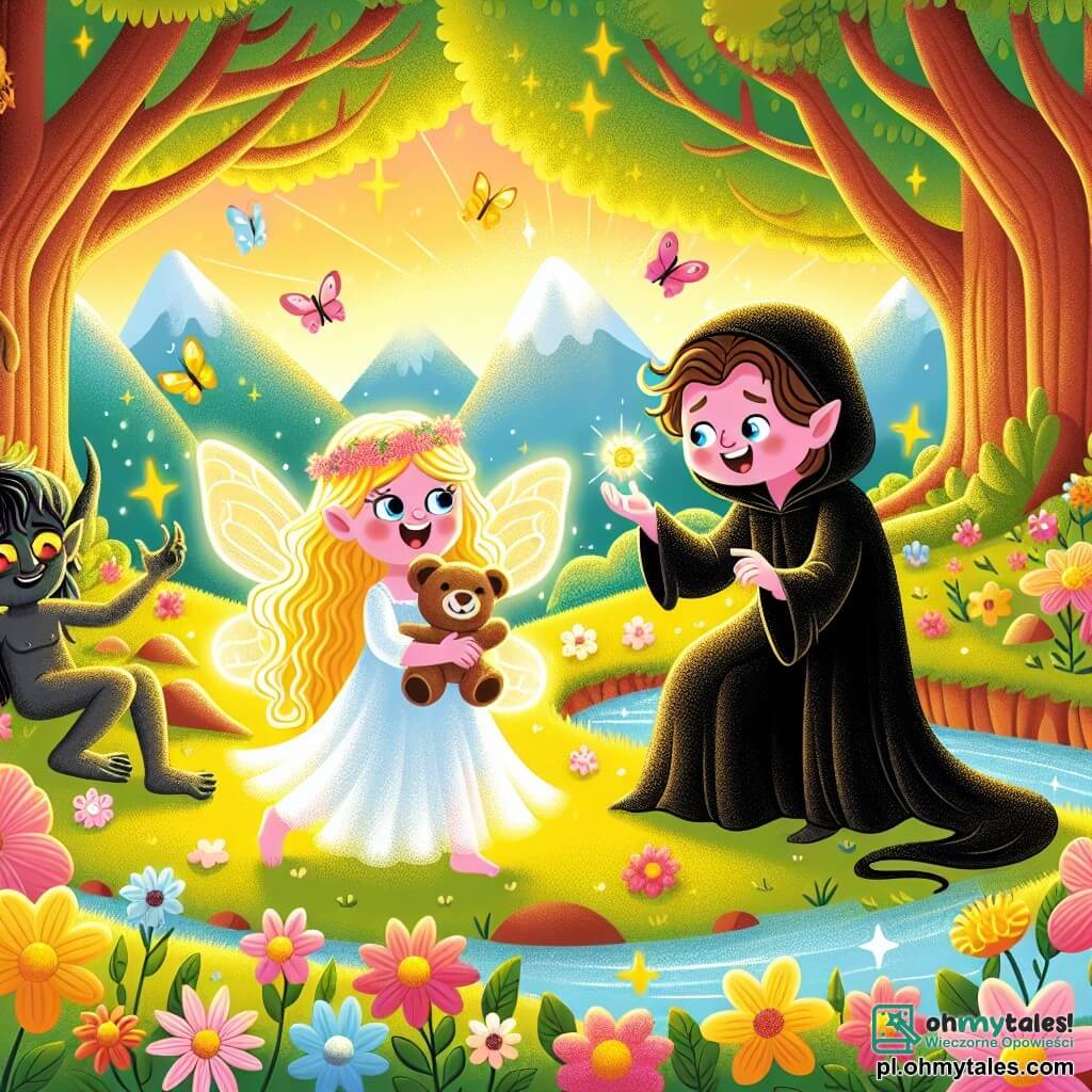 Une illustration sous forme de dessin destinée aux enfants représentant une vallée enchantée baignée de lumière dorée, avec des fleurs colorées et des arbres majestueux, où un petit fantôme féminin aux longs cheveux scintillants et aux ailes de papillon joue joyeusement avec un garçon courageux aux yeux pétillants, tenant un ours en peluche, alors qu'ils rient ensemble en défiant un esprit sombre, au visage amical mais mystérieux, qui fait des grimaces comiques pour les divertir, créant une atmosphère de magie et d'amitié au cœur de la nature.