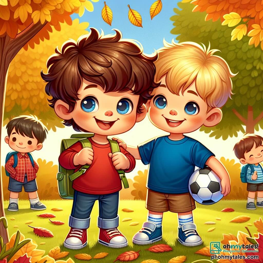Une illustration sous forme de dessin destinée aux enfants représentant une cour d'école colorée et animée, avec un garçon de 6 ans aux cheveux bruns et bouclés, portant un t-shirt rouge et un petit sac à dos, riant joyeusement en ramassant des feuilles d'automne dorées, tandis qu'à côté de lui se tient un autre garçon de 6 ans aux cheveux blonds, vêtu d'un t-shirt bleu, qui sourit en tenant une balle de foot, le tout dans une atmosphère de camaraderie et d'excitation pour leur première journée d'école.