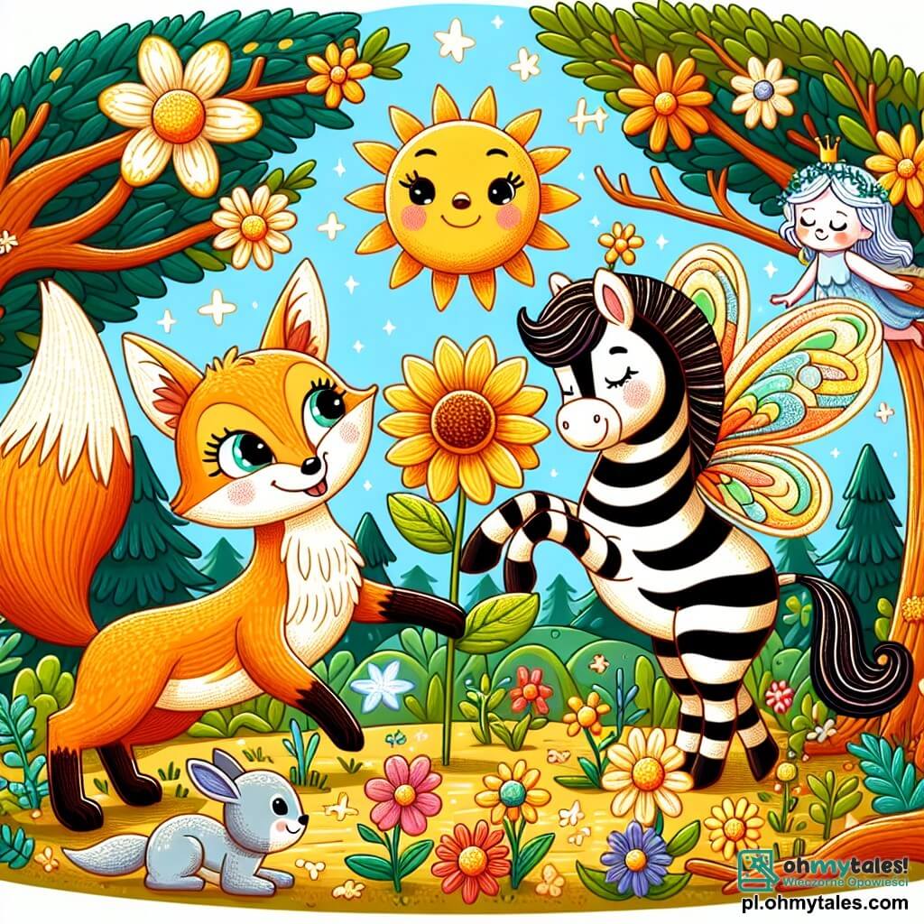 Une illustration sous forme de dessin destinée aux enfants représentant une clairière ensoleillée dans une forêt enchantée, où un renard au pelage flamboyant et aux yeux brillants explore joyeusement des fleurs colorées, tandis qu'un petit zèbre aux rayures noires et blanches l'observe avec curiosité, et une délicate fée aux ailes scintillantes, assise sur une branche, sourit en tenant un magnifique fleur dorée, symbolisant l'amitié et l'entraide dans leur quête pour retrouver un trésor magique.