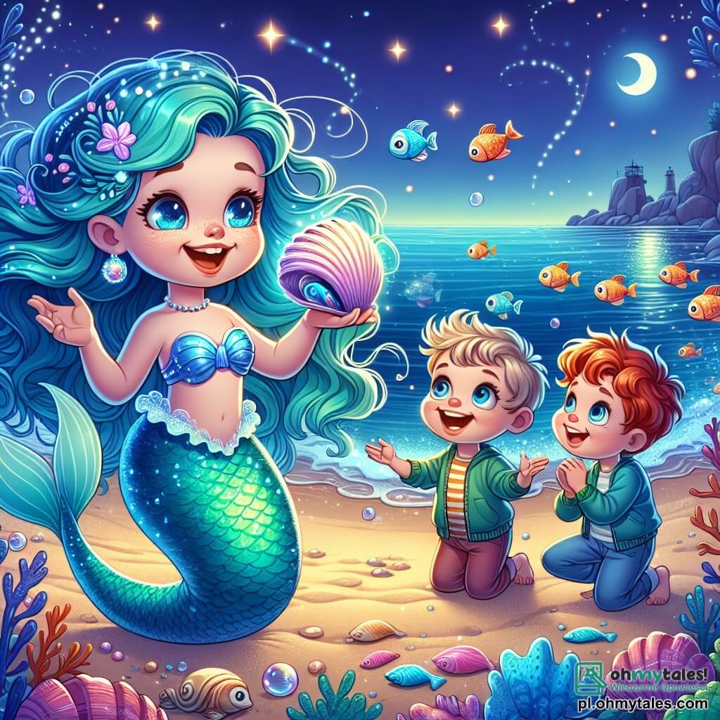 Une illustration sous forme de dessin destinée aux enfants représentant une plage magique au crépuscule, où une sirène aux longs cheveux ondulés couleur turquoise et un éclat scintillant dans ses yeux chante joyeusement tout en montrant une magnifique coquille à deux enfants, une fille aux cheveux bouclés et aux yeux bleus émerveillés, et un garçon aux cheveux roux et au sourire éclatant, qui se tiennent sur le sable, fascinés par le monde sous-marin qui les entoure, tandis que des poissons colorés nagent autour d'eux et que des étoiles brillent dans le ciel nocturne.
