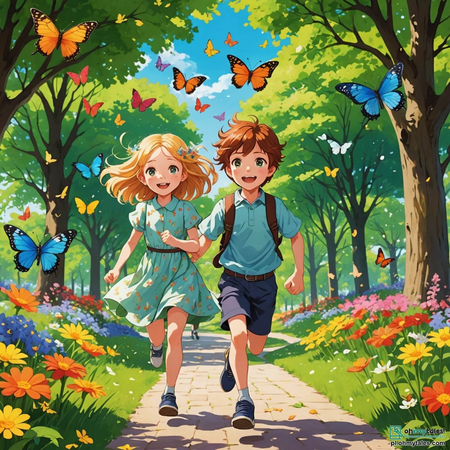 Une illustration destinée aux enfants représentant un garçon aux cheveux châtains et aux yeux pétillants, débordant d'énergie et de curiosité, courant à travers un parc en plein renouveau printanier, où les arbres majestueux se parent de fleurs éclatantes aux couleurs vives, tandis que des papillons dansent joyeusement autour de lui, et où sa meilleure amie, une fille aux longs cheveux blonds et à la robe colorée, l'accompagne avec un sourire radieux, tous deux s'apprêtant à organiser une fête joyeuse pour célébrer l'arrivée de la saison des fleurs et des rires, dans ce lieu enchanteur où l'herbe verte émerge du sol et où le doux parfum des fleurs embaume l'air.