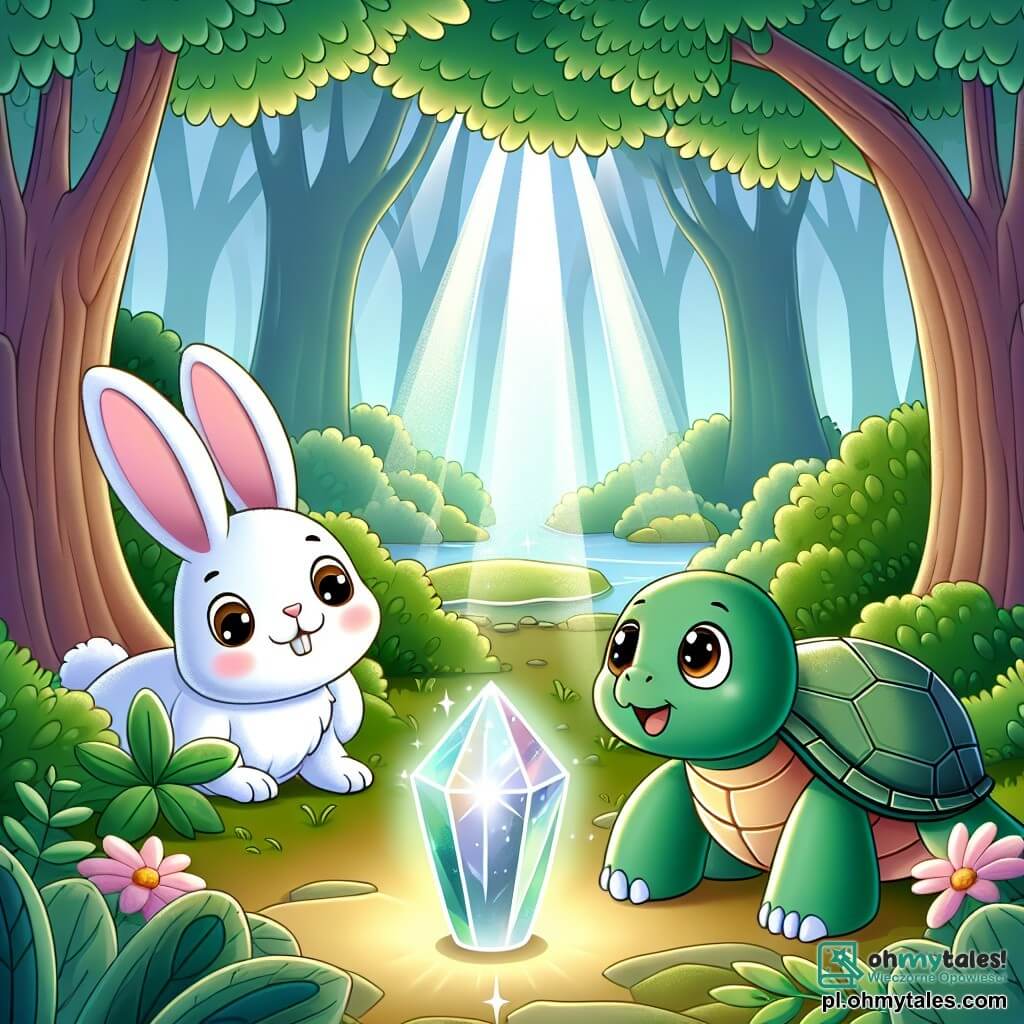 Une illustration sous forme de dessin destinée aux enfants représentant une forêt verdoyante baignée par la lumière dorée du soleil, où une petite tortue à la carapace verte brillante et aux yeux pétillants explore avec curiosité une jaskinia mystérieuse, tandis qu'un joyeux lapin aux grandes oreilles et à la fourrure blanche l'accompagne, tous deux fascinés par un éclat de lumière émanant d'un magnifique cristal au centre de la scène, symbolisant leur quête d'aventure et d'amitié.