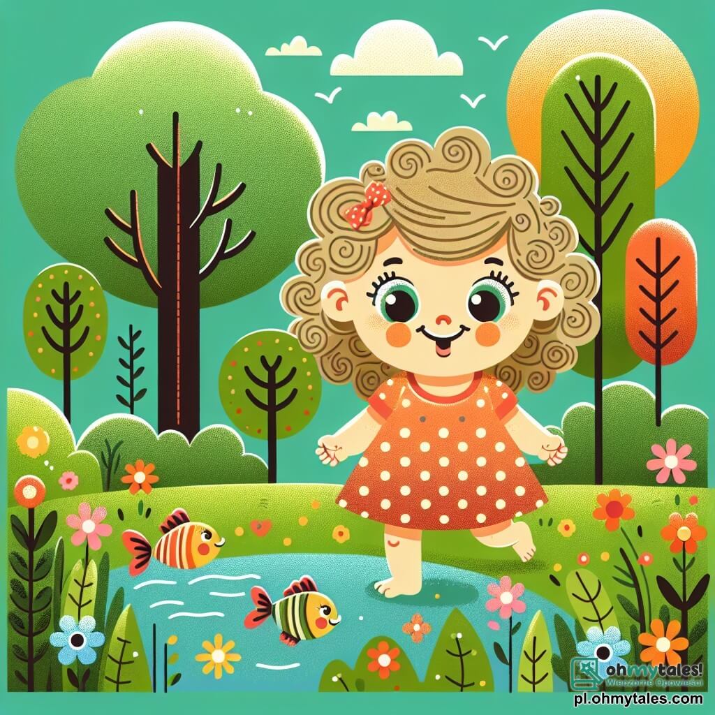 Une illustration sous forme de dessin destinée aux enfants représentant un parc ensoleillé avec de grands arbres verts et des fleurs colorées, où une petite fille de 2 ans aux cheveux bouclés et aux yeux pétillants, vêtue d'une robe à pois, cherche un trésor avec un grand sourire sur son visage, tandis que des poissons colorés sautent joyeusement dans un petit étang à proximité, symbolisant l'esprit d'aventure et de découverte de la petite aventurière.
