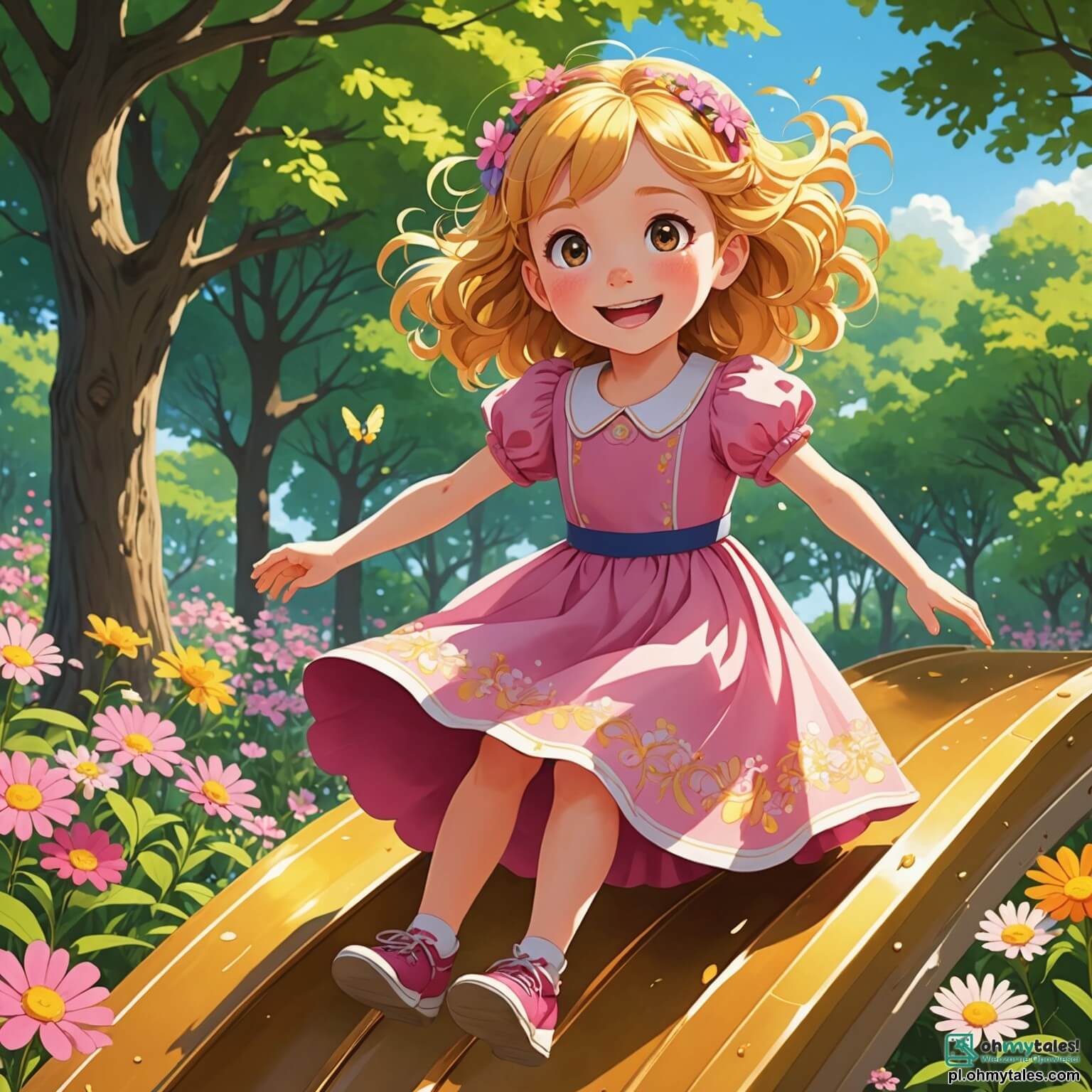 Une illustration destinée aux enfants représentant une petite fille aux cheveux dorés comme les rayons du soleil, vêtue d'une robe rose parsemée de fleurs colorées, qui, dans un parc vibrant de couleurs où les arbres dansent sous la brise légère et où les rires des enfants résonnent comme une douce mélodie, se lie d'amitié avec une autre petite fille aux cheveux bruns et bouclés, joyeusement en train de glisser sur une zippante toboggan, tandis qu'un garçon aux yeux pétillants, vêtu d'une chemise bleue et de shorts rouges, les observe avec un sourire complice, tous trois partageant des moments de bonheur et de complicité au cœur de cet endroit enchanteur.