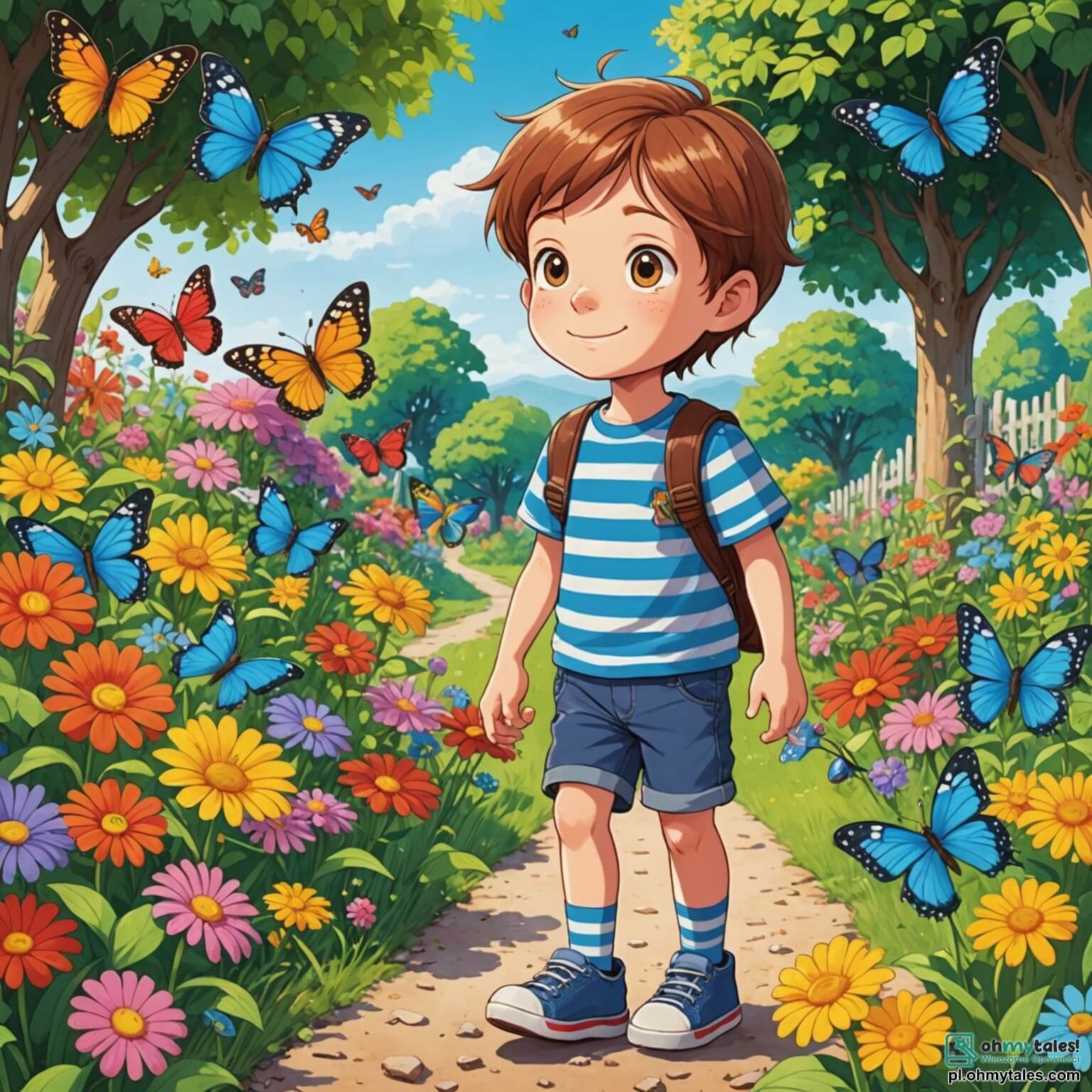 Une illustration destinée aux enfants représentant un petit garçon aux cheveux châtains et aux yeux pétillants de curiosité, vêtu d'un t-shirt rayé et d'un short bleu, se tenant au milieu d'un jardin coloré rempli de fleurs éclatantes et de papillons virevoltants, alors qu'il se lance dans une enquête palpitante pour retrouver sa précieuse petite voiture bleue disparue, accompagné de sa meilleure amie, une petite fille aux cheveux blonds tressés et aux lunettes rondes, qui l'aide avec enthousiasme à fouiller chaque recoin du jardin, près d'un grand chêne aux feuilles verdoyantes et d'une balançoire en bois qui se balance doucement dans la brise légère.