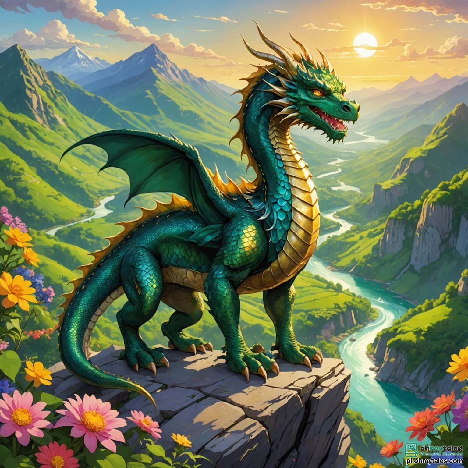 Une illustration destinée aux enfants représentant un majestueux dragon aux écailles scintillantes comme des émeraudes, avec de grands yeux dorés brillants de sagesse et de curiosité, perché sur le sommet d'une montagne escarpée, surplombant une vallée verdoyante parsemée de fleurs multicolores et de rivières étincelantes, alors qu'il se prépare à partir à l'aventure pour sauver sa famille en détresse, accompagné d'une courageuse petite fille aux cheveux dorés qui brille comme le soleil, et d'un fidèle chien au pelage soyeux, tous deux prêts à affronter les dangers d'une forêt enchantée remplie d'arbres aux troncs tordus et de créatures magiques, tout en se dirigeant vers la sombre jaskinia où un sorcier maléfique retient prisonniers des êtres chers.