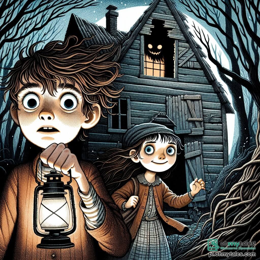 Une illustration destinée aux enfants représentant un garçon aux yeux écarquillés, dont les cheveux ébouriffés flottent dans l'air frais de la nuit, se tenant devant une vieille maison en bois tordue, où les volets grincent et la peinture s'écaille, tandis qu'une ombre menaçante se dessine derrière une fenêtre brisée, et à ses côtés, une petite fille courageuse, avec une lanterne vacillante à la main, prête à affronter les mystères qui rodent dans cette forêt sombre et envoûtante, où chaque craquement des branches semble murmurer des secrets oubliés.