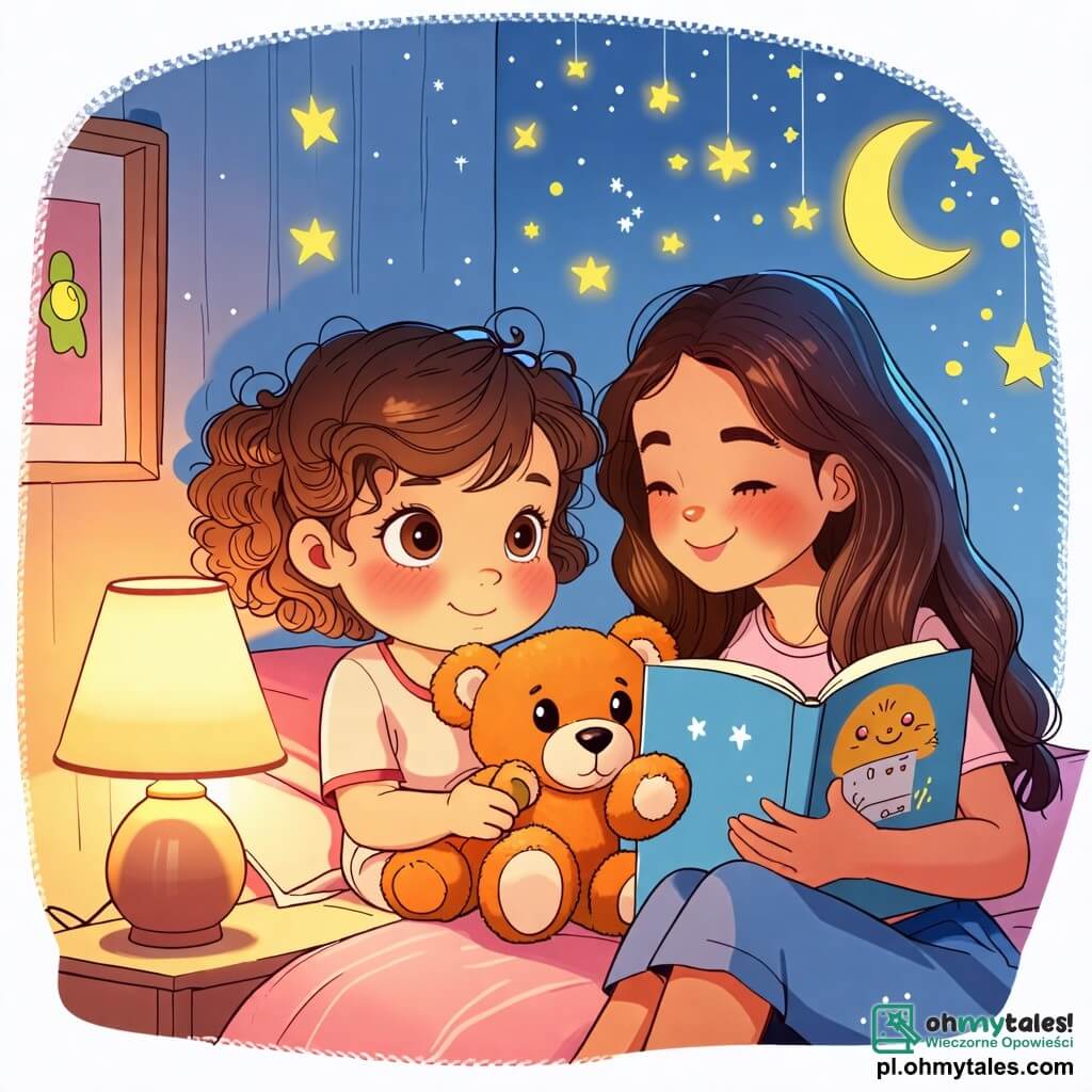 Une illustration sous forme de dessin destinée aux enfants représentant une chambre douillette aux murs pastel, où une petite fille de 2 ans aux cheveux bouclés et aux yeux pétillants, tenant un ours en peluche, regarde avec curiosité une lampe de chevet qui éclaire doucement la pièce, tandis que sa maman, une femme souriante aux cheveux longs et bruns, s'assoit à côté d'elle, lui lisant une histoire pour apaiser sa peur du noir, avec des ombres douces projetées sur les murs et des étoiles brillantes dessinées au plafond.
