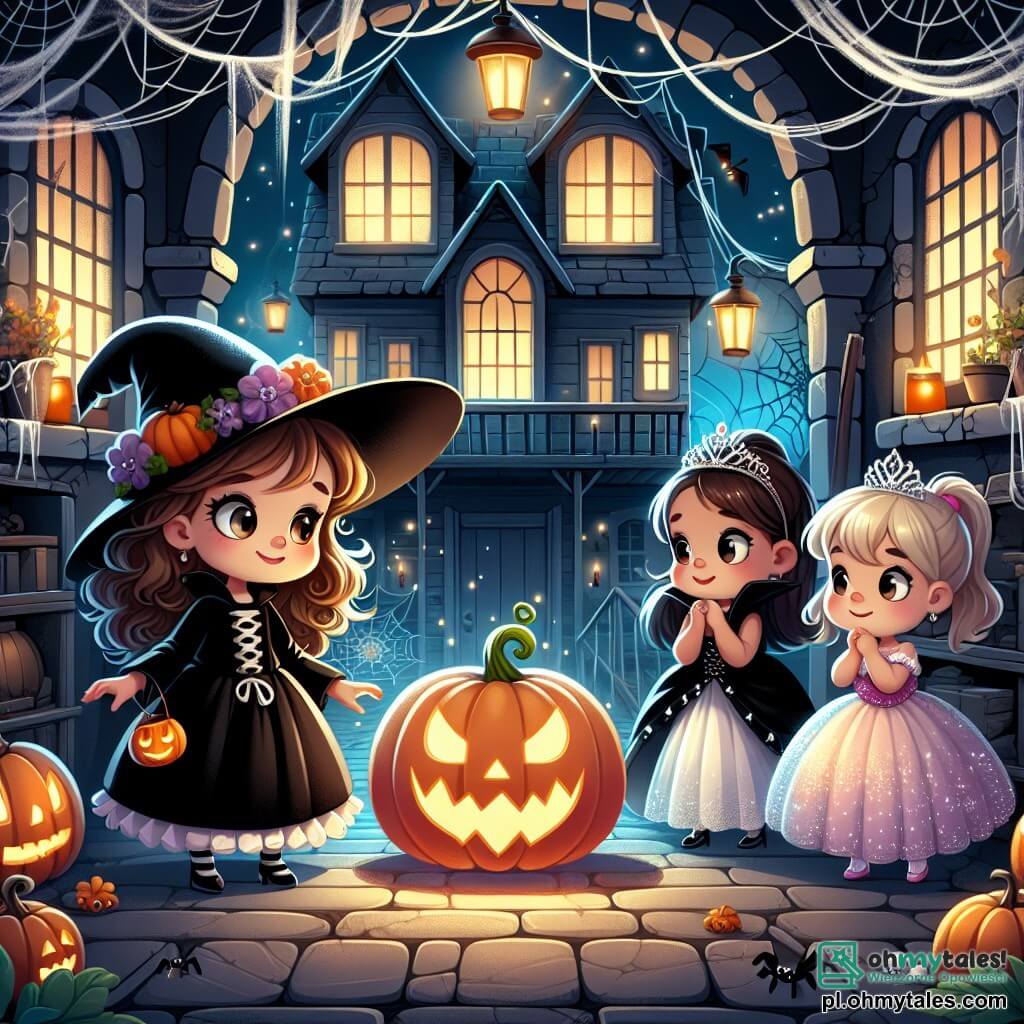 Une illustration sous forme de dessin destinée aux enfants représentant une vieille maison hantée avec des fenêtres sombres et des toiles d'araignée, où une petite fille de 5 ans aux cheveux bruns et bouclés, vêtue d'un costume de sorcière noir avec un grand chapeau, regarde avec émerveillement une grande dynia lumineuse au centre de la pièce, tandis que deux de ses amies, l'une déguisée en vampire avec des dents pointues et l'autre en princesse avec une robe scintillante, l'observent avec curiosité, tous trois se préparant à vivre une aventure magique et effrayante pour Halloween.
