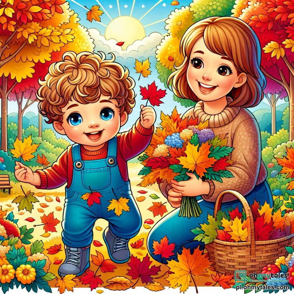 Une illustration sous forme de dessin destinée aux enfants représentant un jardin automnal aux couleurs vives, avec des feuilles jaunes et rouges tombant des arbres, où un petit garçon de 1 an aux cheveux bouclés et aux yeux pétillants, vêtu d'une salopette bleue, s'amuse à ramasser des feuilles colorées, tandis qu'une femme souriante, sa maman aux cheveux châtains et portant un pull doux, l'encourage à créer un joli bouquet de feuilles, le tout baigné par la lumière dorée du soleil d'automne.