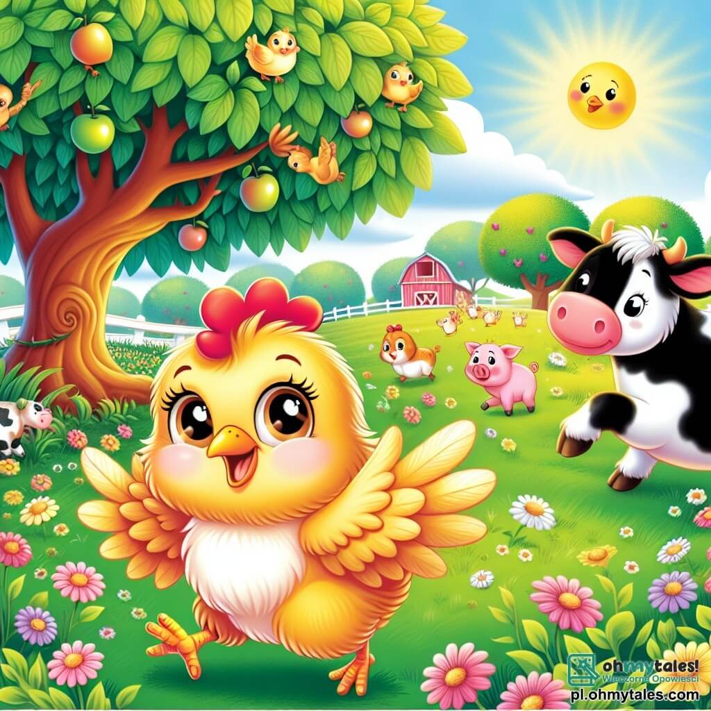 Une illustration sous forme de dessin destinée aux enfants représentant une charmante ferme ensoleillée avec des champs verdoyants et des fleurs colorées, où une poule aux plumes dorées et aux yeux pétillants, pleine de détermination, court joyeusement en direction d'un arbre magique, tandis qu'en arrière-plan, une vache au pelage noir et blanc et un cochon rose aux grandes oreilles l'observent avec curiosité, illustrant le moment où la poule part à l'aventure pour trouver des fruits magiques afin de sauver ses amis de la famine.
