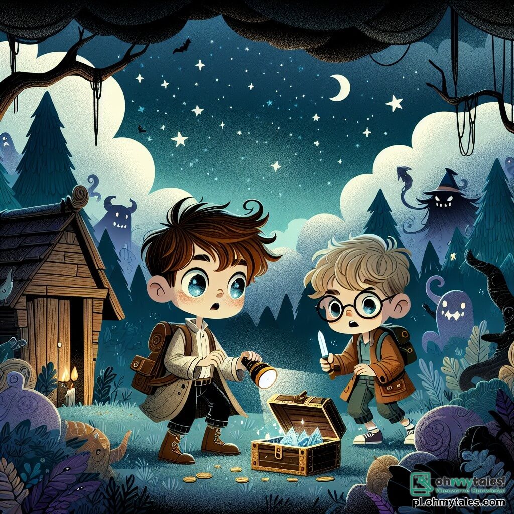 Une illustration sous forme de dessin destinée aux enfants représentant une forêt sombre et mystérieuse, où un garçon de 11 ans aux cheveux bruns en bataille et aux yeux pétillants d'excitation, tenant une petite lampe de poche, découvre une vieille cabane en bois, tandis qu'à ses côtés, son ami, un garçon aux cheveux blonds et aux lunettes, regarde avec curiosité, alors qu'ils s'apprêtent à ouvrir une mystérieuse boîte remplie de trésors magiques, sous un ciel étoilé parsemé de nuages menaçants et de silhouettes de créatures fantastiques.