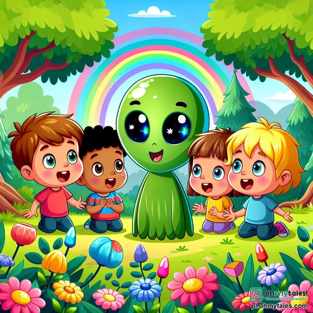 Une illustration sous forme de dessin destinée aux enfants représentant un parc coloré avec des arbres aux feuilles vertes et des fleurs éclatantes, où un groupe de quatre enfants de cinq ans, deux garçons aux cheveux blonds et un garçon aux cheveux bruns, ainsi qu'une fille aux cheveux châtains, sont émerveillés en regardant un petit extraterrestre vert avec de grands yeux brillants et un sourire amical, alors qu'ils se tiennent autour de lui, prêts à l'aider à retrouver des cristaux colorés disparus sur sa planète, créant une atmosphère de magie et d'aventure.