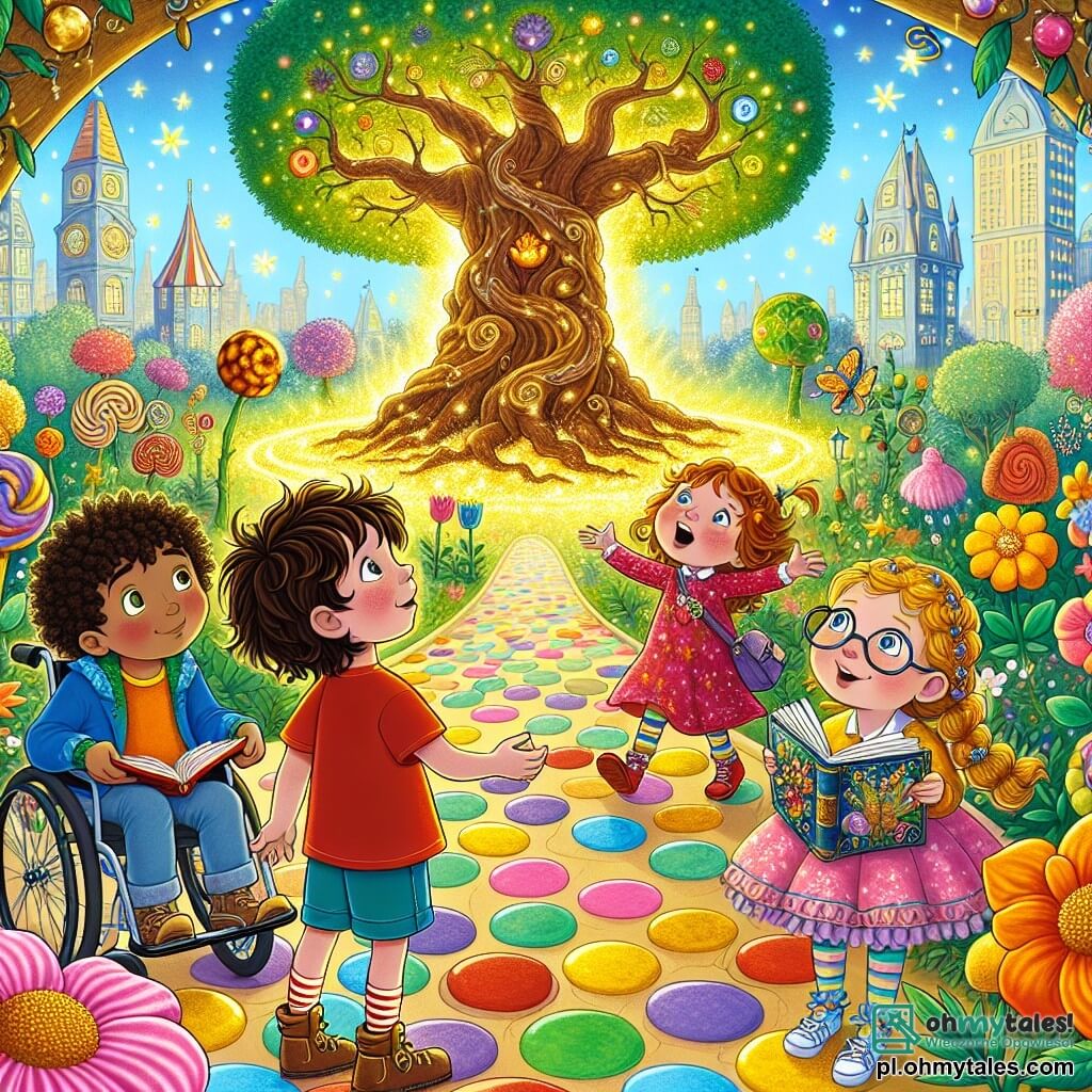 Ilustracja przedstawiająca magiczny park w fantastycznym mieście, gdzie drzewa mają kolorowe liście, a kwiaty mówią. W centrum sceny znajduje się duży dąb z rozłożystymi gałęziami, który świeci złotym blaskiem, otoczony brukowanymi ścieżkami z cukierków. W tej ilustracji obecnych jest czworo dzieci: dziewięcioletni chłopiec z rozczochranymi brązowymi włosami, ubrany w czerwoną koszulkę i niebieskie szorty, który z zachwytem patrzy na dąb. Obok niego dziewczynka w różowej sukience z długimi blond warkoczami, uśmiechająca się, trzymając otwartą książkę. Inny dziewięcioletni chłopiec w okularach i kasztanowych włosach siedzi na wózku inwalidzkim, trzymając w rękach błyszczące kamienie. Na końcu dziewczynka z kręconymi włosami i kolorowym t-shirtem, tańcząca radośnie wokół kwiatów. Główna scena pokazuje dzieci odkrywające migoczący magiczny portal u podstawy drzewa, ich twarze rozświetlone ciekawością i ekscytacją. Z portalu emanują promienie światła, podczas gdy kolorowe kwiaty unoszą się wokół nich, dodając atmosferze magii. Ptaki o błyszczących piórach latają po niebieskim niebie, dopełniając tę zaczarowaną scenę.