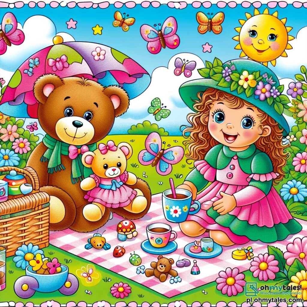 Une illustration sous forme de dessin destinée aux enfants représentant un jardin ensoleillé rempli de fleurs colorées et de papillons, où une petite fille de 3 ans aux cheveux bouclés et aux yeux pétillants, vêtue d'une robe rose et d'un chapeau vert, est assise sur un tapis de pique-nique en train de servir de la fausse thé à ses peluches, dont un grand ours en peluche brun qui sourit et une poupée aux cheveux blonds, tandis qu'ils s'apprêtent à vivre une aventure magique ensemble, entourés de jouets éparpillés et d'une petite tasse colorée posée sur le tapis.