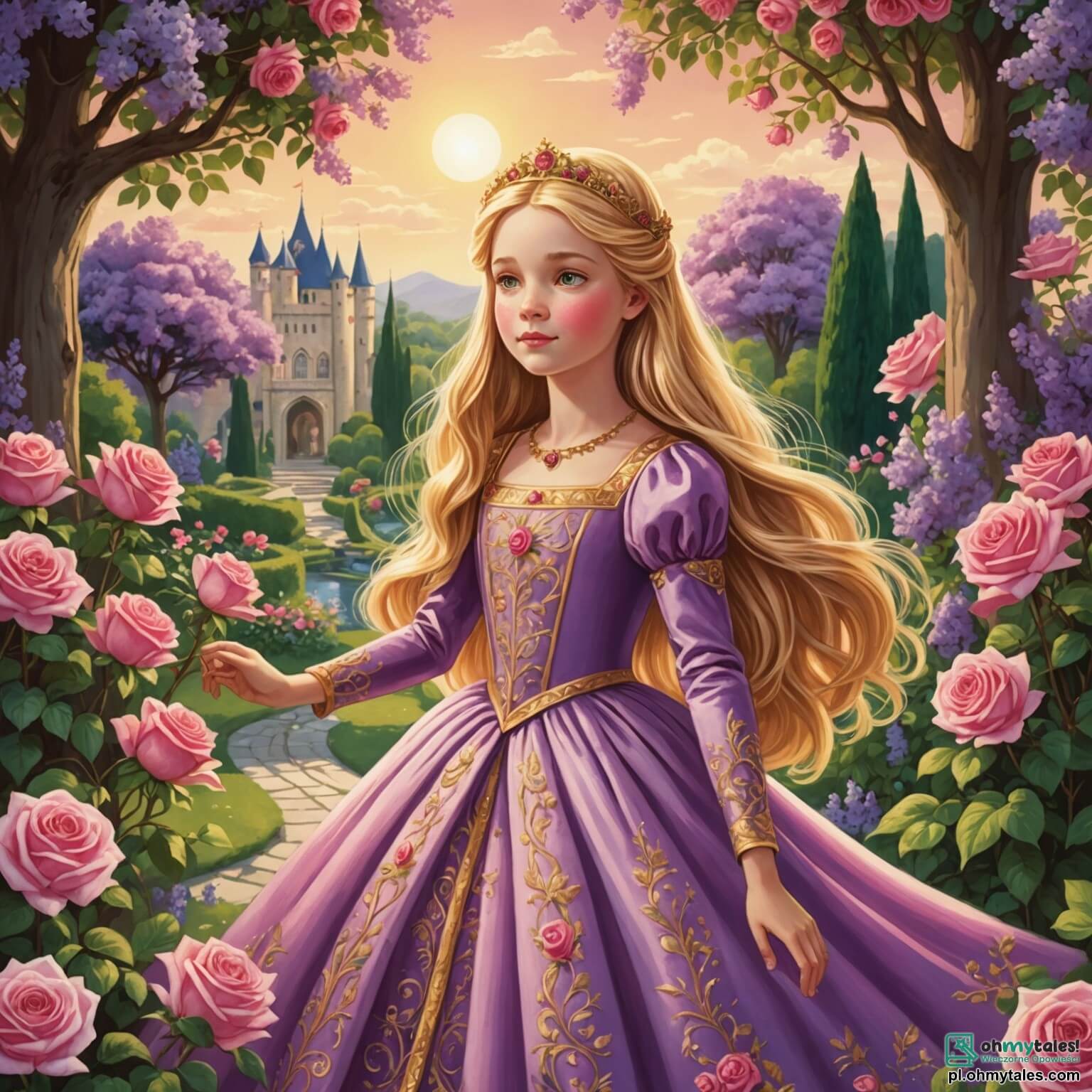 Une illustration destinée aux enfants représentant une princesse aux longs cheveux dorés, scintillant comme les rayons du soleil, vêtue d'une robe en velours rose parsemée de fleurs brodées, se tenant avec détermination au bord d'un magnifique jardin royal, où des roses éclatantes et des lilas parfumés dansent doucement sous la brise, alors qu'elle rêve de sauver son royaume en proie à la tristesse, entourée de son fidèle ami, un petit dragon aux écailles flamboyantes et au regard pétillant de malice, qui vole joyeusement autour d'elle, tandis qu'en arrière-plan se dresse un majestueux château aux tours dorées, surplombant un lac scintillant où les nénuphars flottent paisiblement, créant une atmosphère magique et pleine d'espoir.