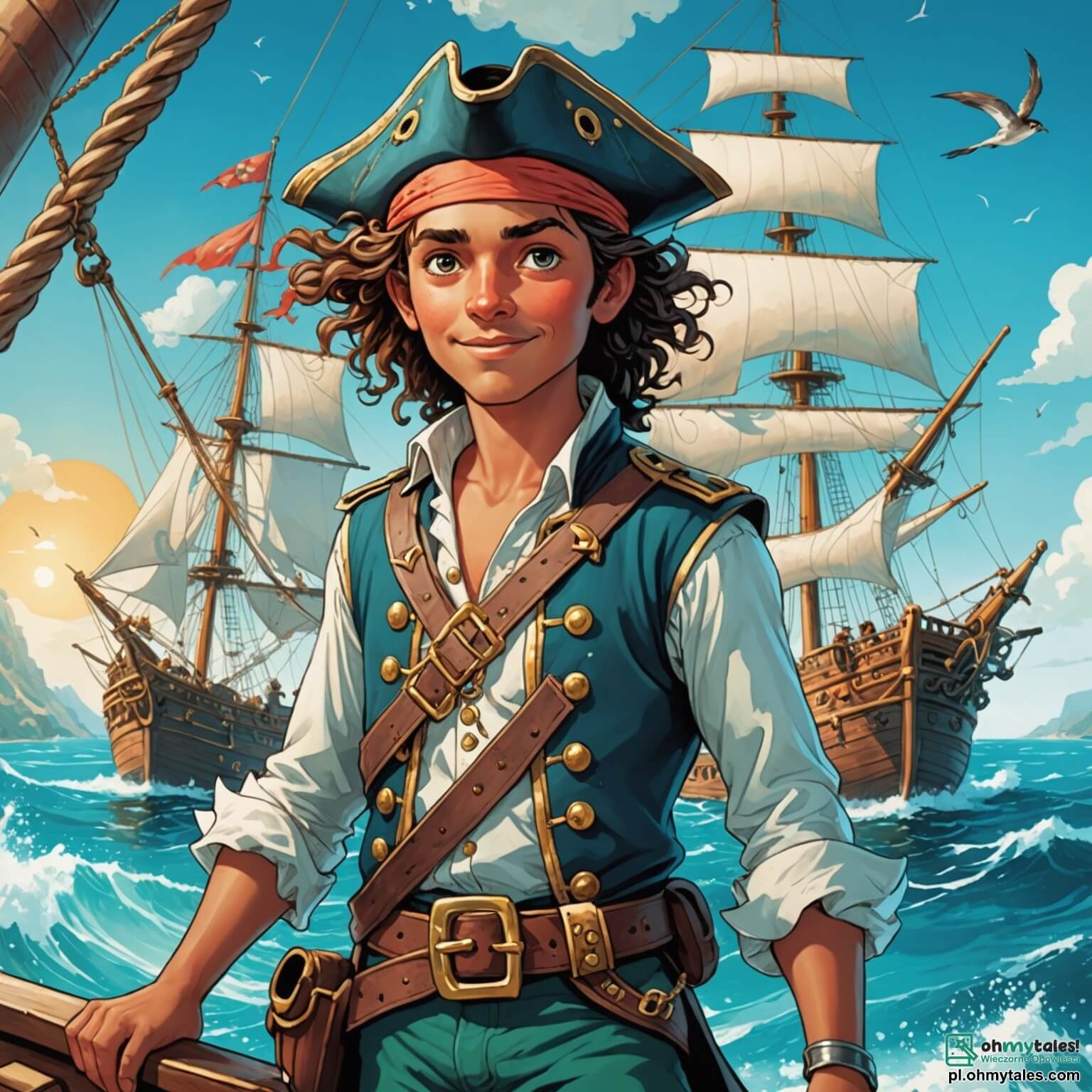 Une illustration destinée aux enfants représentant un audacieux pirate à la chevelure ébouriffée et au regard pétillant de malice, naviguant sur un majestueux vaisseau aux voiles blanches comme la neige, dans un océan turquoise parsemé d'îles verdoyantes et de récifs coralliens scintillants sous le soleil éclatant, tandis qu'il est entouré de sa fidèle équipière, une courageuse jeune fille à la tresse dorée, et de son robuste compagnon, un garçon à la carrure imposante, tous trois en quête d'un trésor légendaire caché sur une île mystérieuse, enveloppée de palmiers dansants et de chants d'oiseaux exotiques, où les secrets des anciens pirates attendent d'être découverts.