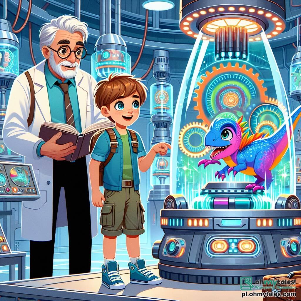 Une illustration sous forme de dessin destinée aux enfants représentant un laboratoire futuriste rempli d'appareils brillants et de hologrammes colorés, où un garçon de 9 ans aux cheveux châtains et aux yeux pétillants, vêtu d'un t-shirt bleu et d'un pantalon cargo, se tient émerveillé devant une grande capsule de voyage dans le temps, tandis qu'un homme âgé en blouse blanche, avec des lunettes rondes et des cheveux gris, ajuste les commandes de la machine, et un dinosaure coloré, avec des plumes vives, observe curieusement la scène, illustrant le moment où le garçon s'apprête à faire un voyage dans le temps pour explorer le monde des dinosaures.