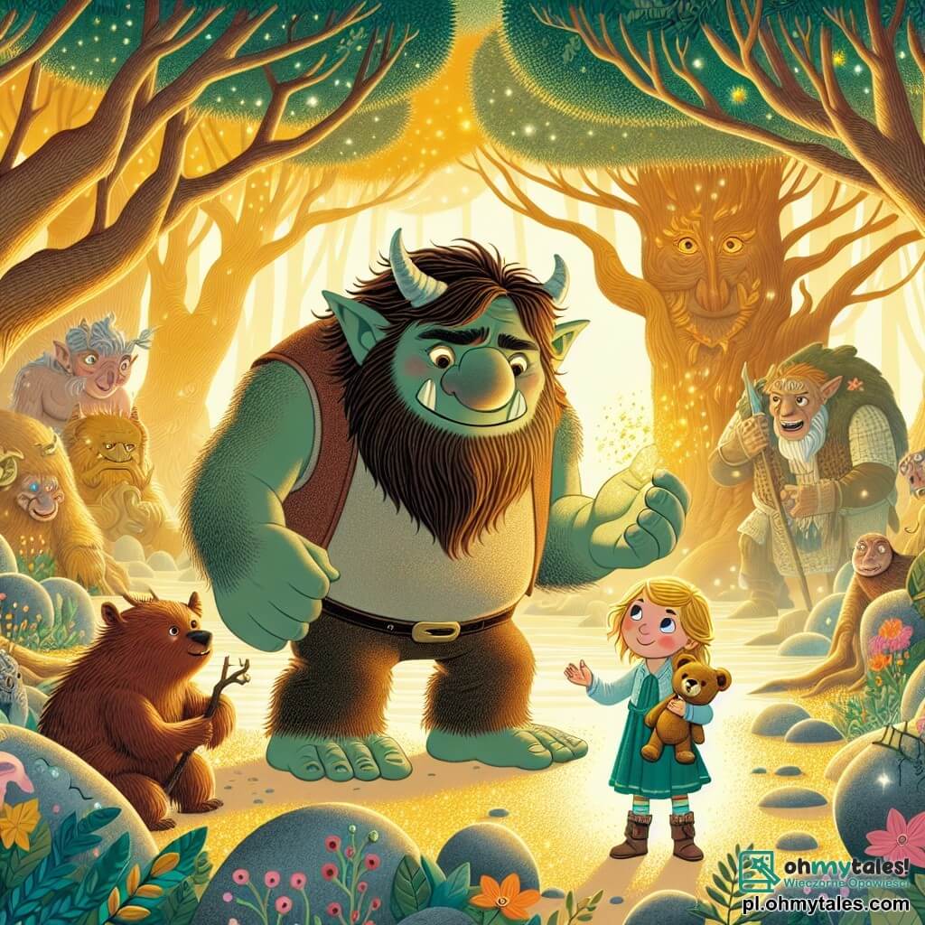 Une illustration sous forme de dessin destinée aux enfants représentant un vaste et mystérieux Złoty Gaj, un forêt enchantée avec des arbres majestueux aux feuilles dorées et des fleurs colorées, où un ogre bienveillant, grand et musclé avec une peau brune et des yeux doux, se tient aux côtés d'une petite fille courageuse aux cheveux blonds et aux yeux pétillants, tenant un ours en peluche, alors qu'ils découvrent ensemble un trésor scintillant caché dans une jaskinia, entourés de créatures fantastiques curieuses qui les observent avec émerveillement.