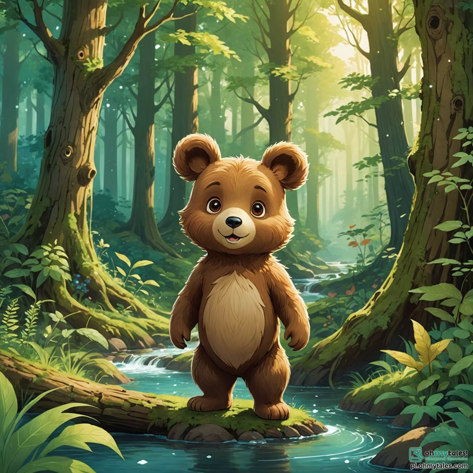 Une illustration destinée aux enfants représentant une adorable ourse au pelage brun doré, aux yeux pétillants de curiosité, se tenant au milieu d'une forêt enchantée, où les arbres majestueux, aux troncs épais et aux feuilles verdoyantes, dansent doucement au gré du vent, tandis qu'un petit lapin aux grandes oreilles, tout aussi espiègle, l'accompagne dans sa quête pour découvrir les secrets d'un mystérieux et scintillant ruisseau qui serpente entre les fleurs colorées et les rochers luisants, promettant des aventures amusantes et des rires éclatants dans ce havre de paix naturel.