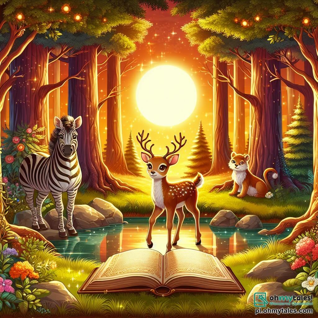 Ilustracja przedstawiająca zaczarowaną polanę, skąpaną w złotym świetle zachodzącego słońca. Majestatyczne drzewa z grubymi pniami i lśniącymi jak gwiazdy liśćmi otaczają małe jezioro o krystalicznie czystej wodzie, w której odbijają się żywe kolory nieba. W centrum tej sceny stoi młody renifer z dużymi, błyszczącymi oczami i delikatnymi porożami, w ciekawskiej postawie, z lekko uniesionymi przednimi nogami, jakby miał zrobić krok naprzód. Obok niego mały zebra w czarno-białe paski, z potarganą grzywą, uważnie obserwuje renifera, gotowy go wspierać w jego poszukiwaniach. W tle grupa kolorowych kwiatów delikatnie tańczy na wietrze, dodając magii atmosferze. Główna sytuacja pokazuje renifera i zebry, zjednoczonych przyjaźnią, gotowych odkryć starą, lśniącą książkę leżącą na głazie, symbol ich nadchodzącej przygody.