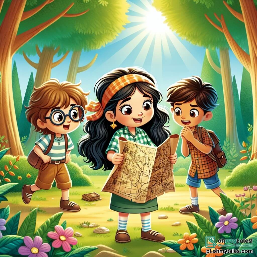 Une illustration sous forme de dessin destinée aux enfants représentant une clairière ensoleillée au cœur d'une forêt verdoyante, où une fille de 11 ans aux longs cheveux ondulés et aux yeux pétillants, vêtue d'une chemise à carreaux et d'un short, examine avec émerveillement une vieille carte au trésor, tandis qu'un garçon aux lunettes et un autre garçon aux cheveux ébouriffés, tous deux de son âge, l'observent avec curiosité, entourés de fleurs colorées et de grands arbres, symbolisant leur quête d'aventure et de mystères à résoudre ensemble.